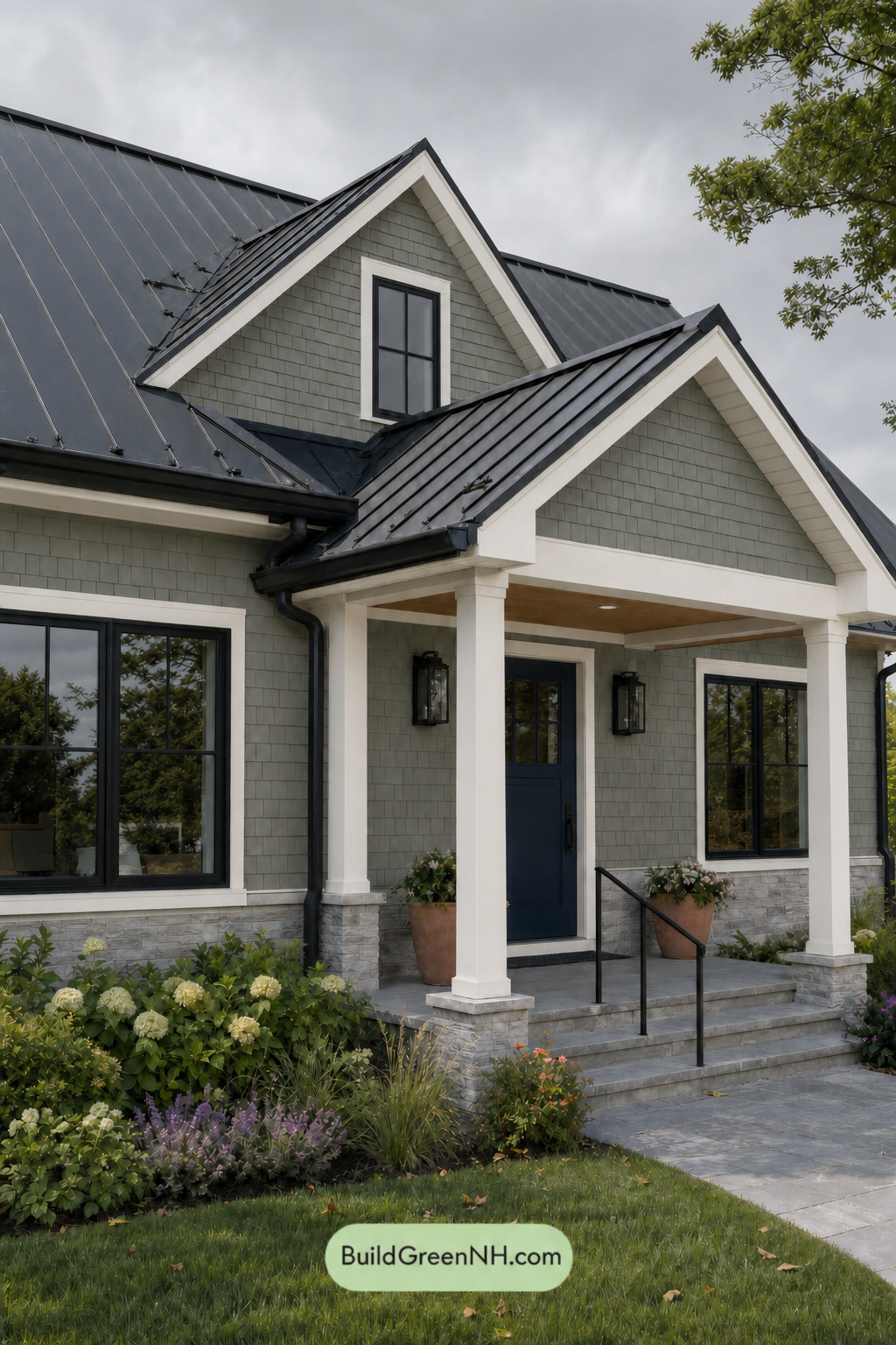 House with Black Roof Exterior Color Scheme: Moss Porcelain Roofline - Overcast