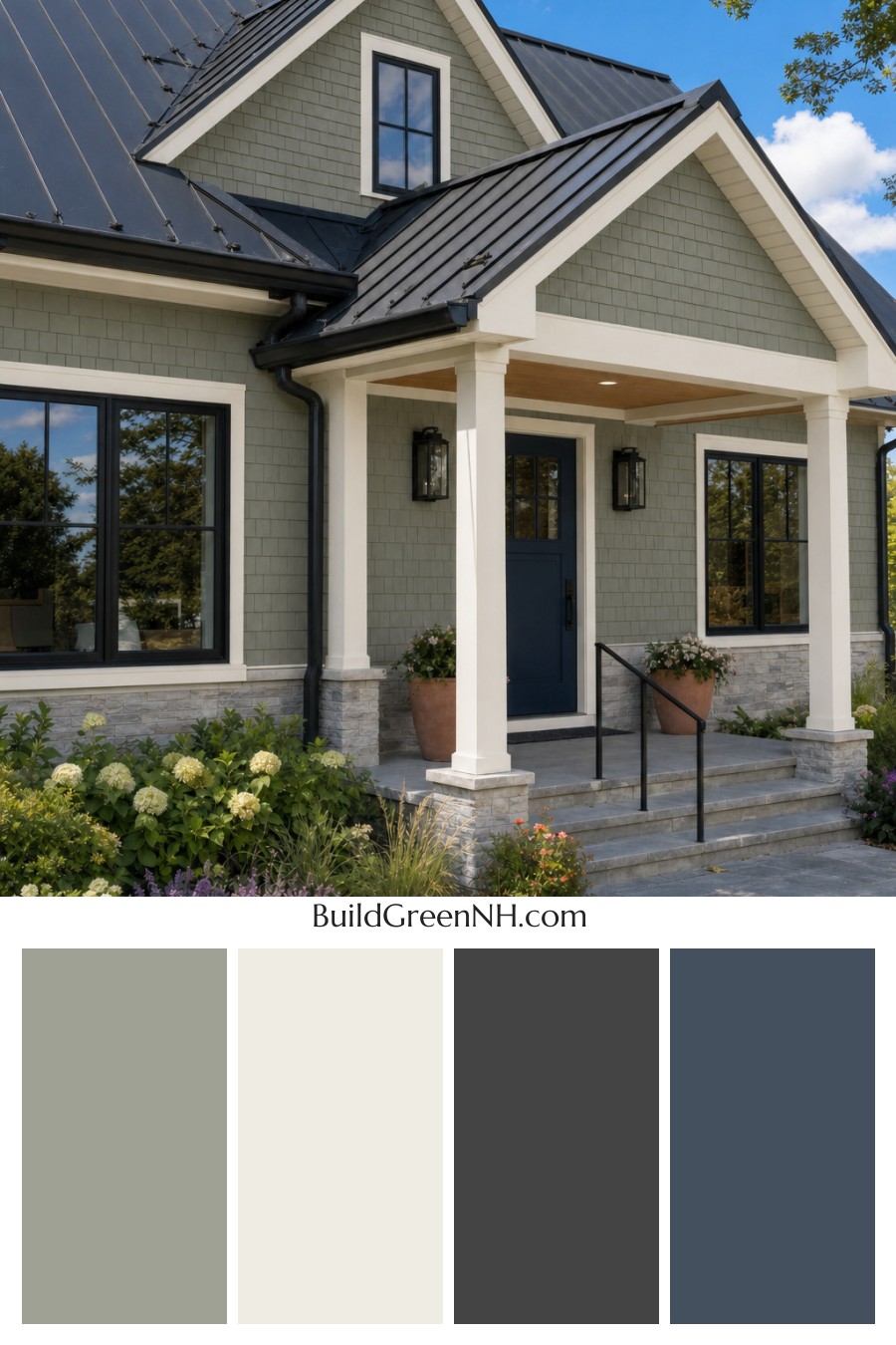 House with Black Roof Exterior Color Scheme: Moss Porcelain Roofline