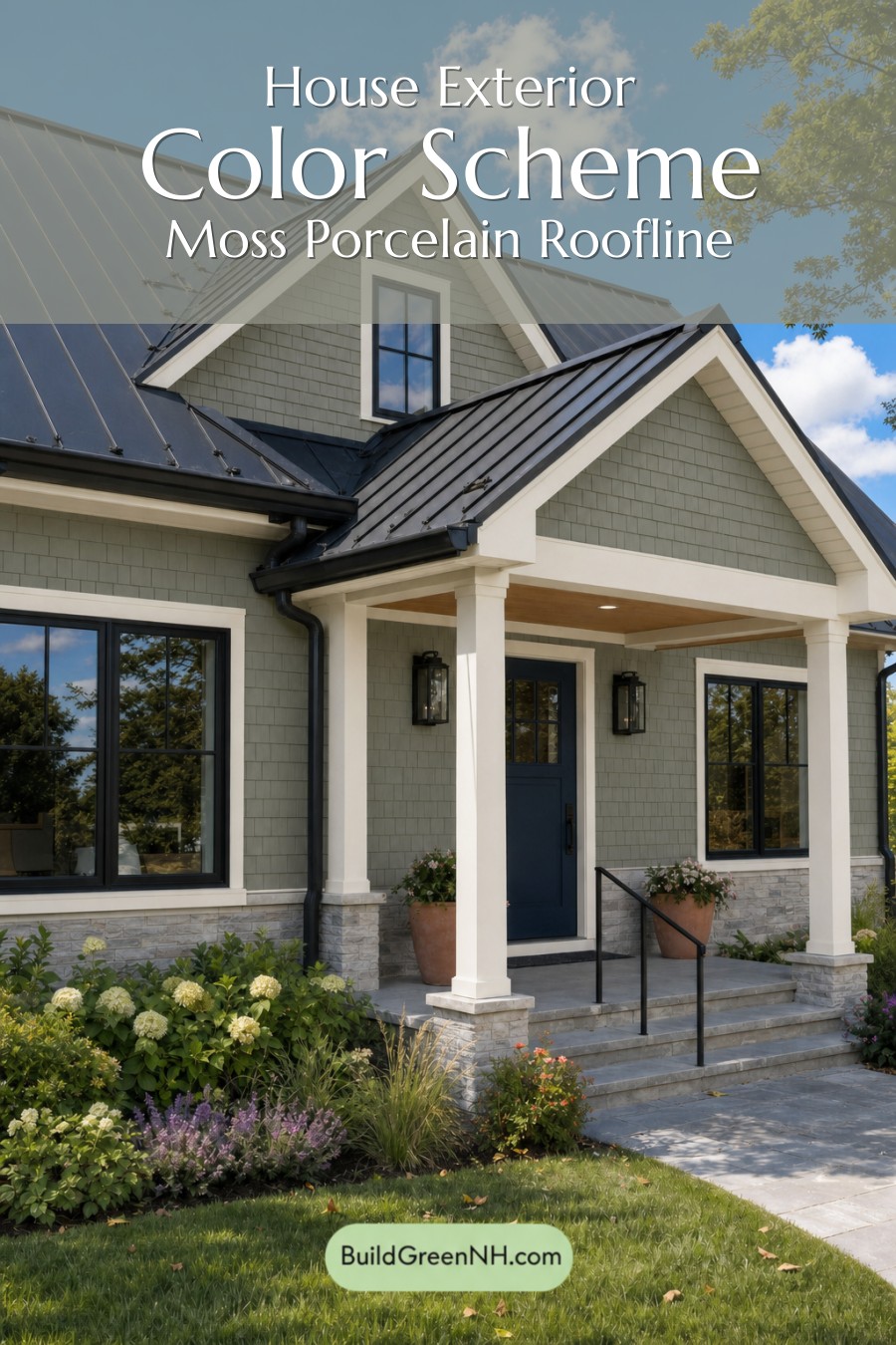 House with Black Roof Exterior Color Scheme: Moss Porcelain Roofline