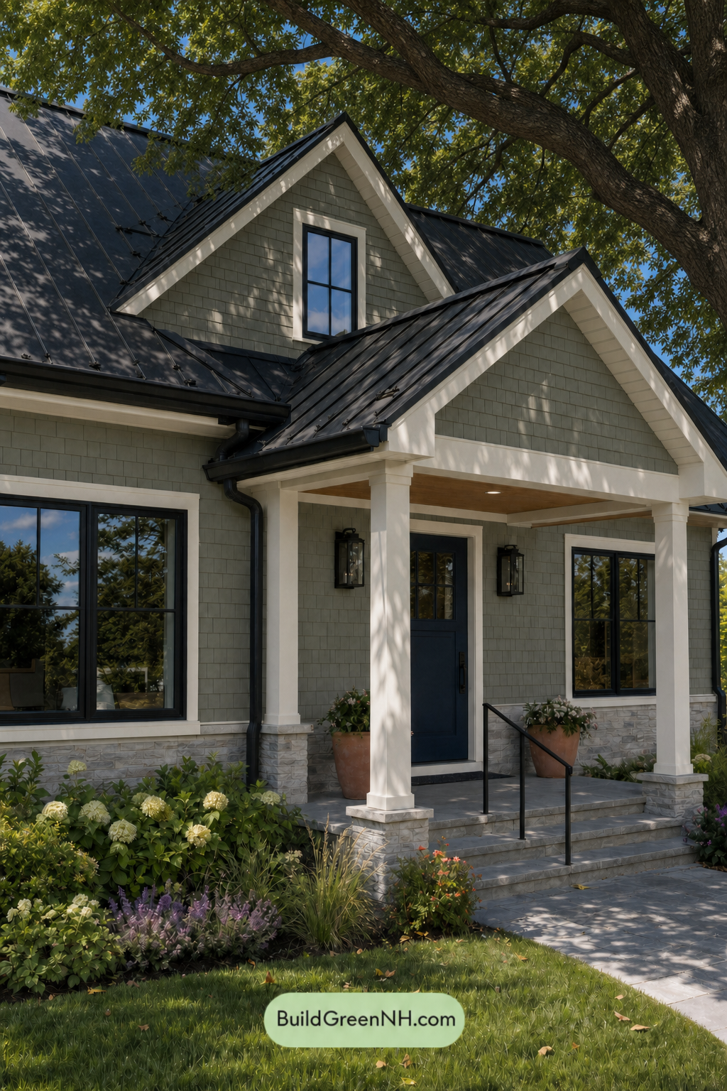 House with Black Roof Exterior Color Scheme: Moss Porcelain Roofline - Shade
