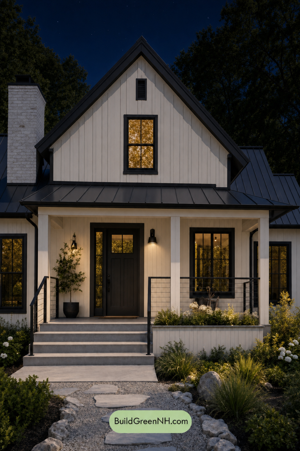 House with Black Roof Exterior Color Scheme: Pearl Ink Hearth - Nighttime