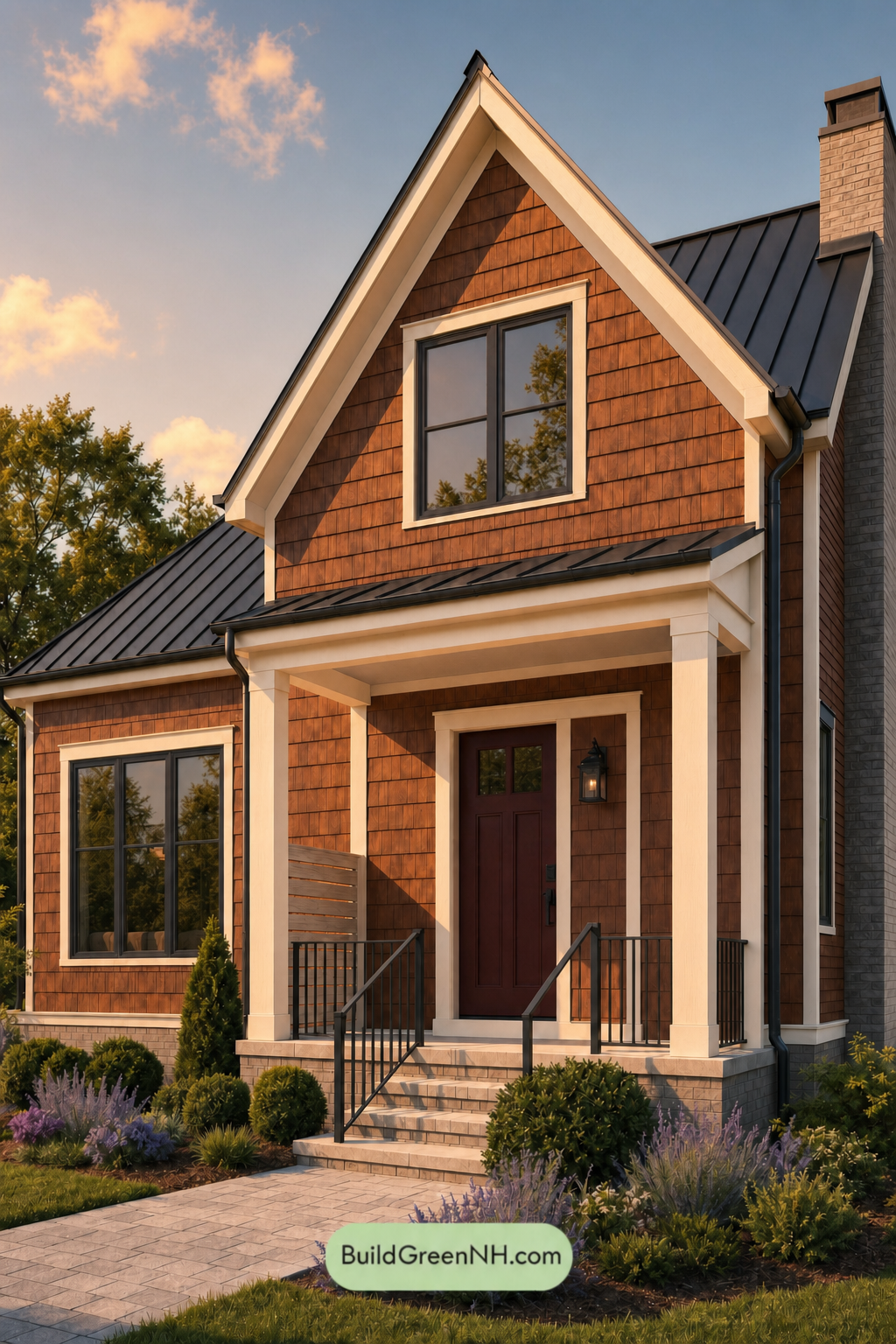 House with Black Roof Exterior Color Scheme: Russet Obsidian Bloom - Golden Hour