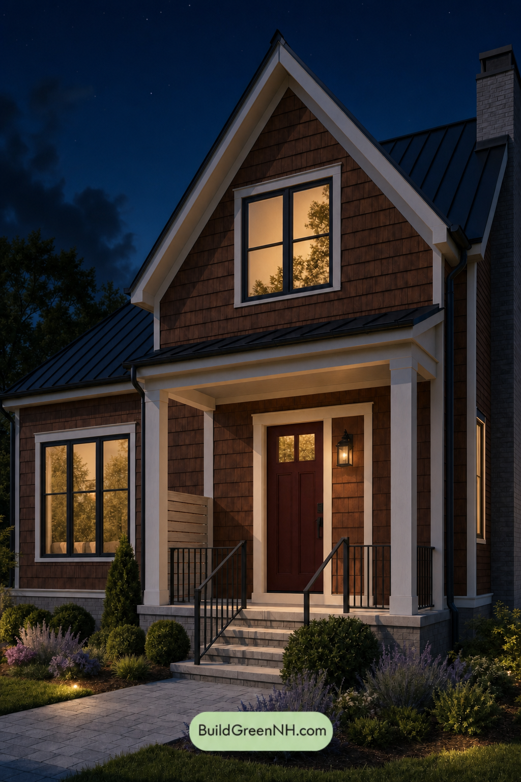 House with Black Roof Exterior Color Scheme: Russet Obsidian Bloom - Nighttime