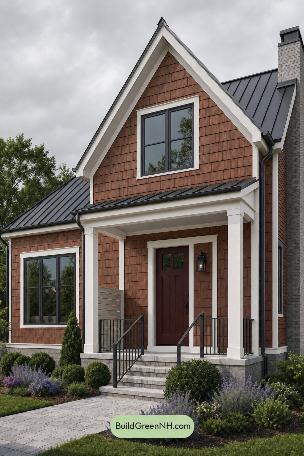 House with Black Roof Exterior Color Scheme: Russet Obsidian Bloom - Overcast