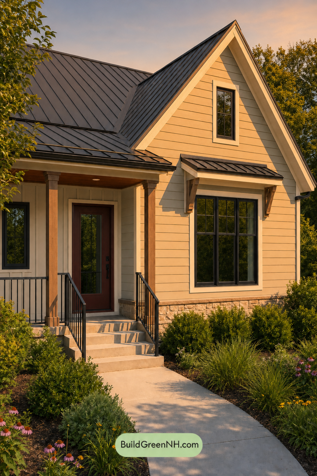 House with Black Roof Exterior Color Scheme: Sage Ember Gable - Golden Hour