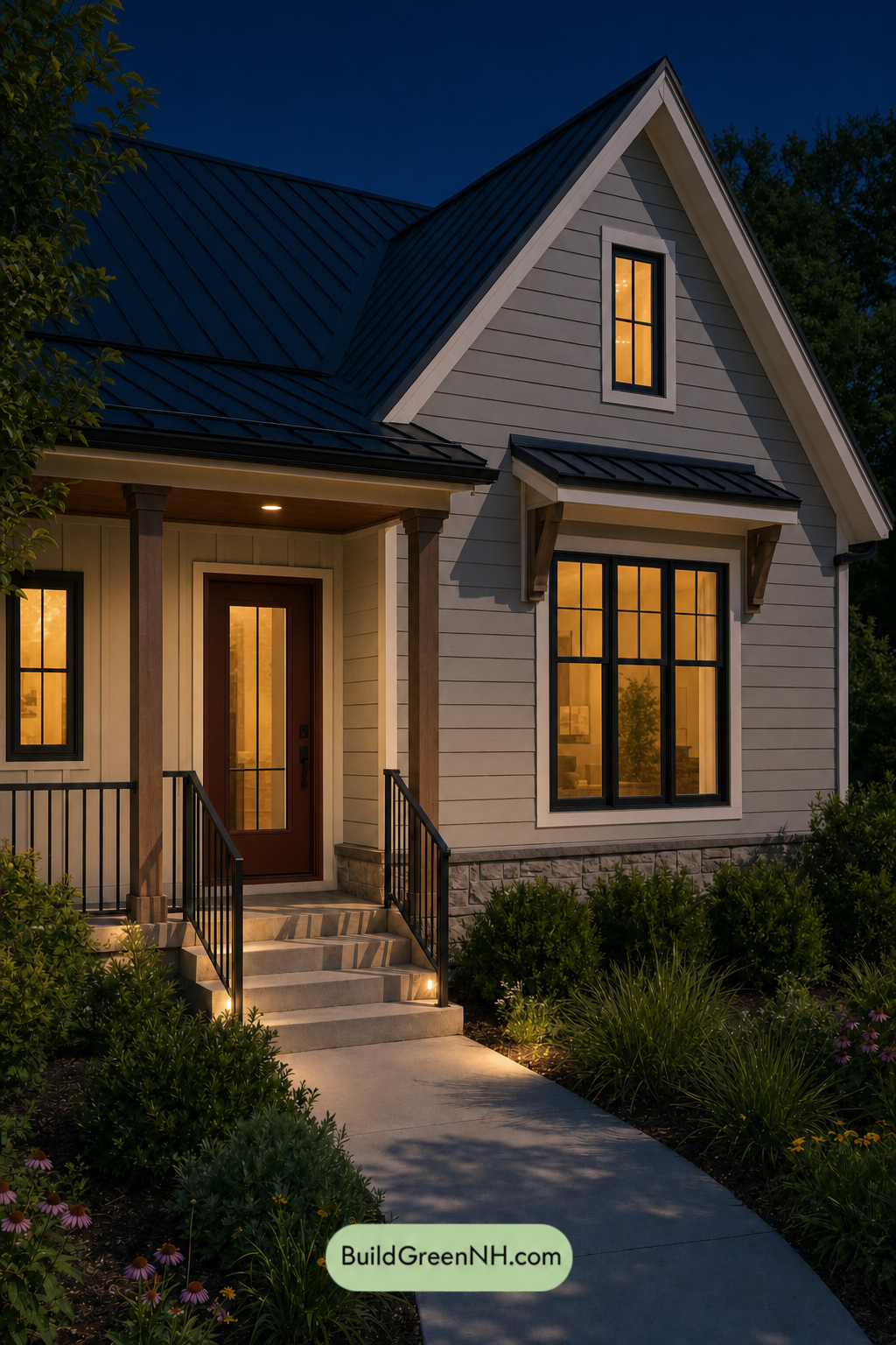 House with Black Roof Exterior Color Scheme: Sage Ember Gable - Nighttime