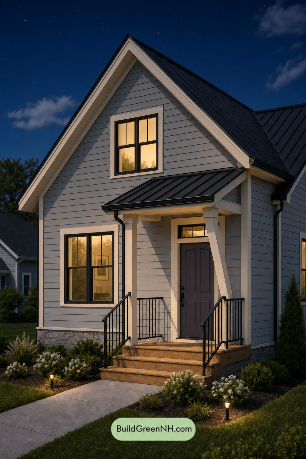 House with Black Roof Exterior Color Scheme: Silver Velvet Gable - Nighttime