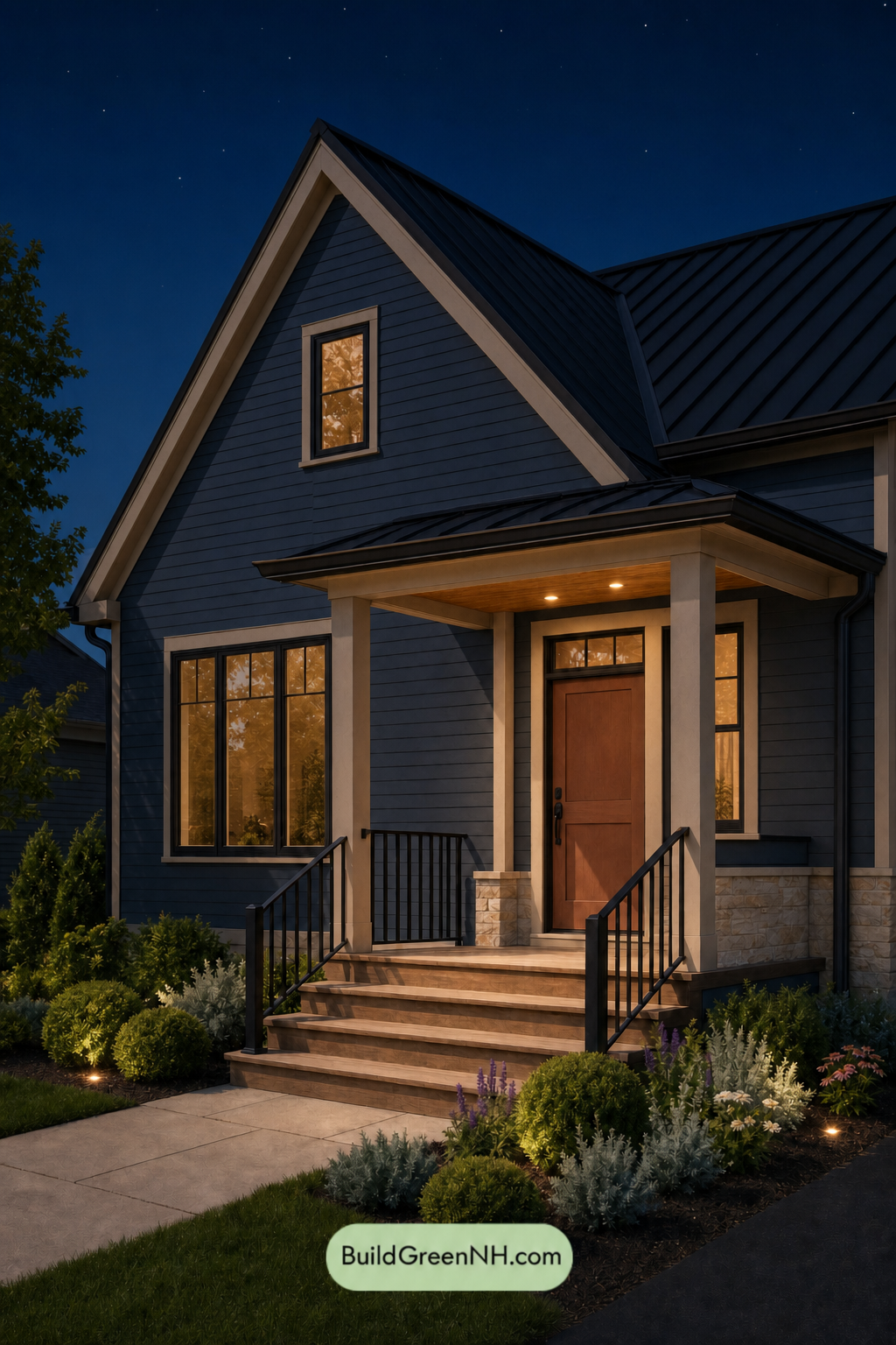 House with Black Roof Exterior Color Scheme: Slate Blush Lantern - Nighttime