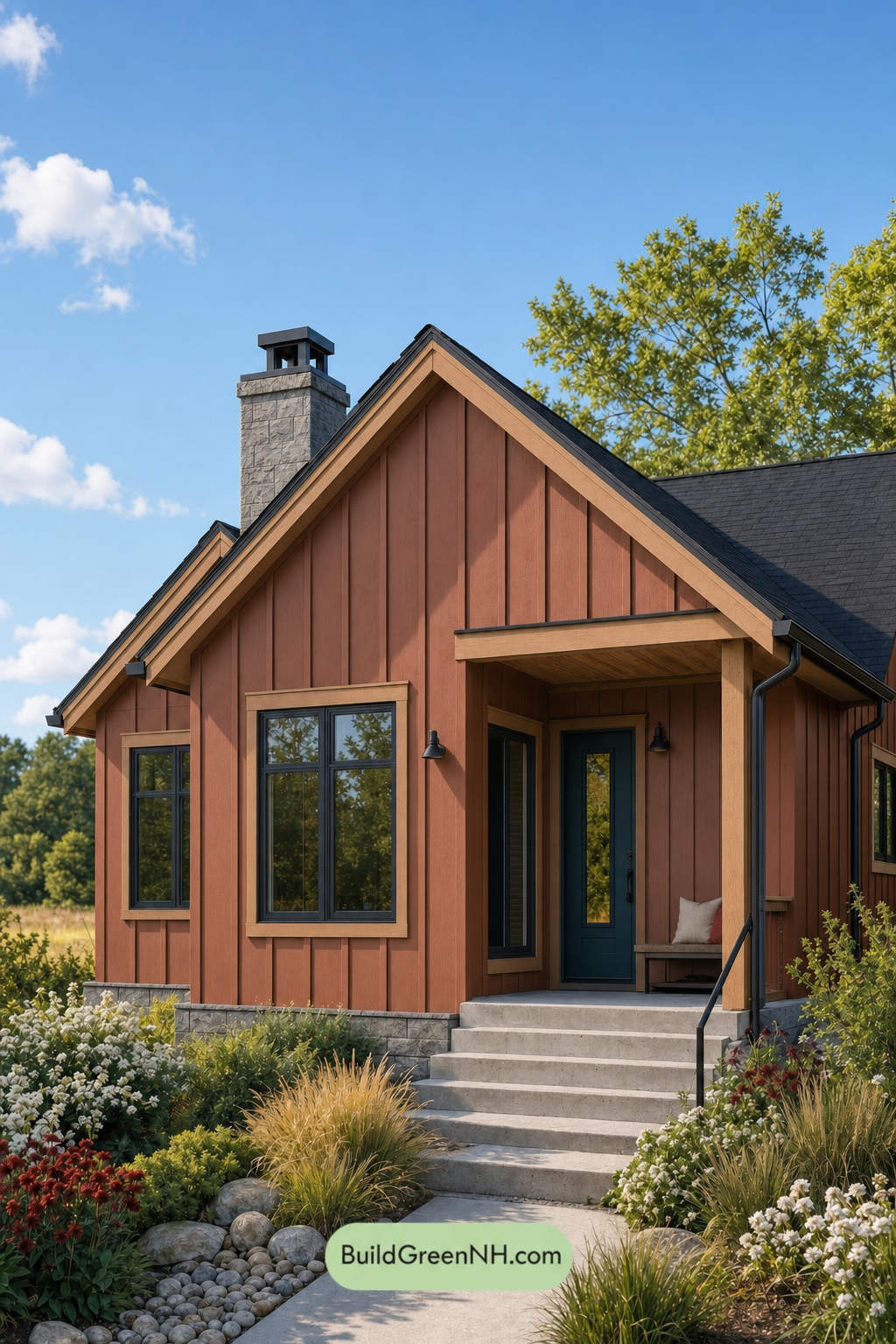 House with Black Roof Exterior Color Scheme: Vermilion Carbon Muse
