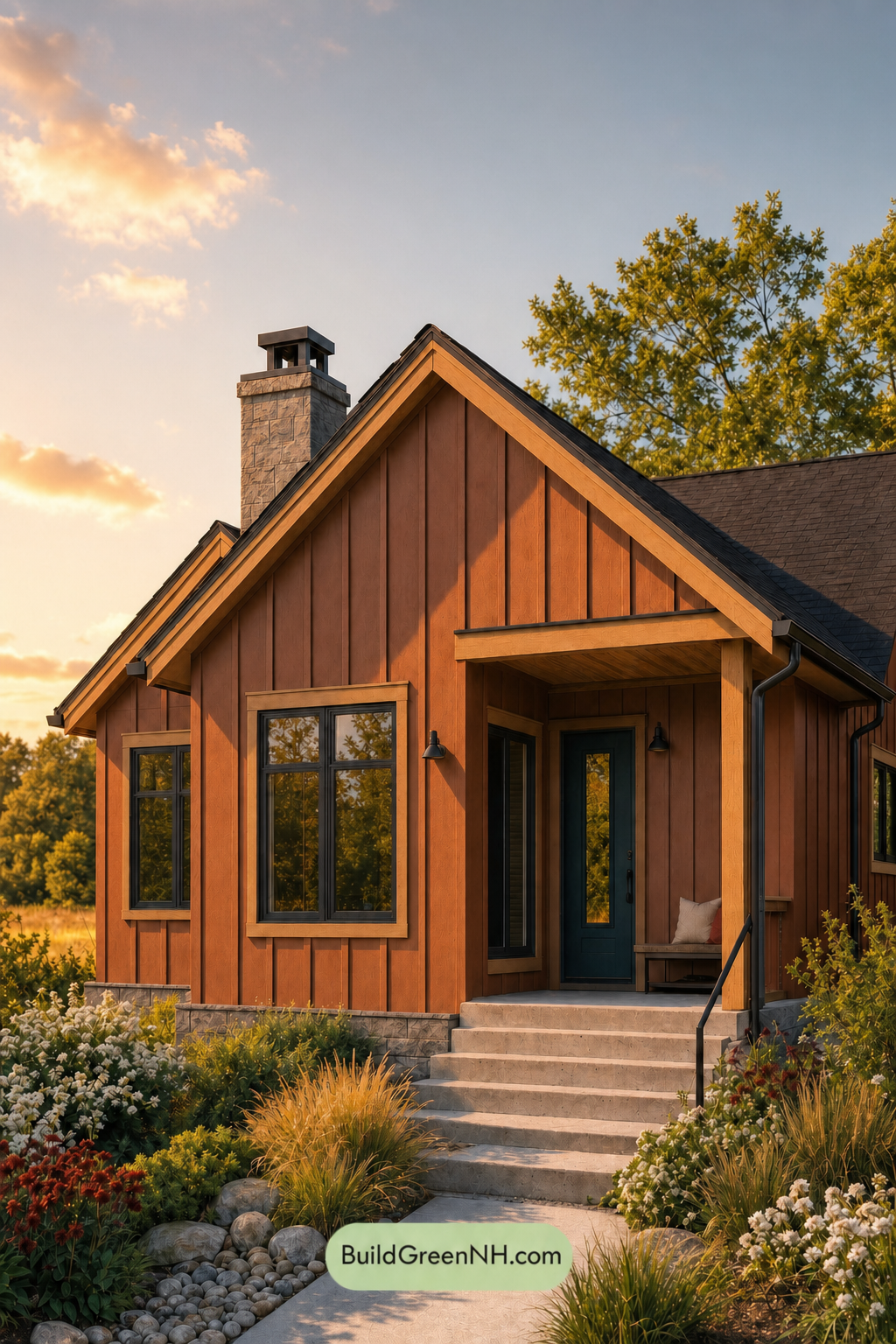 House with Black Roof Exterior Color Scheme: Vermilion Carbon Muse - Golden Hour