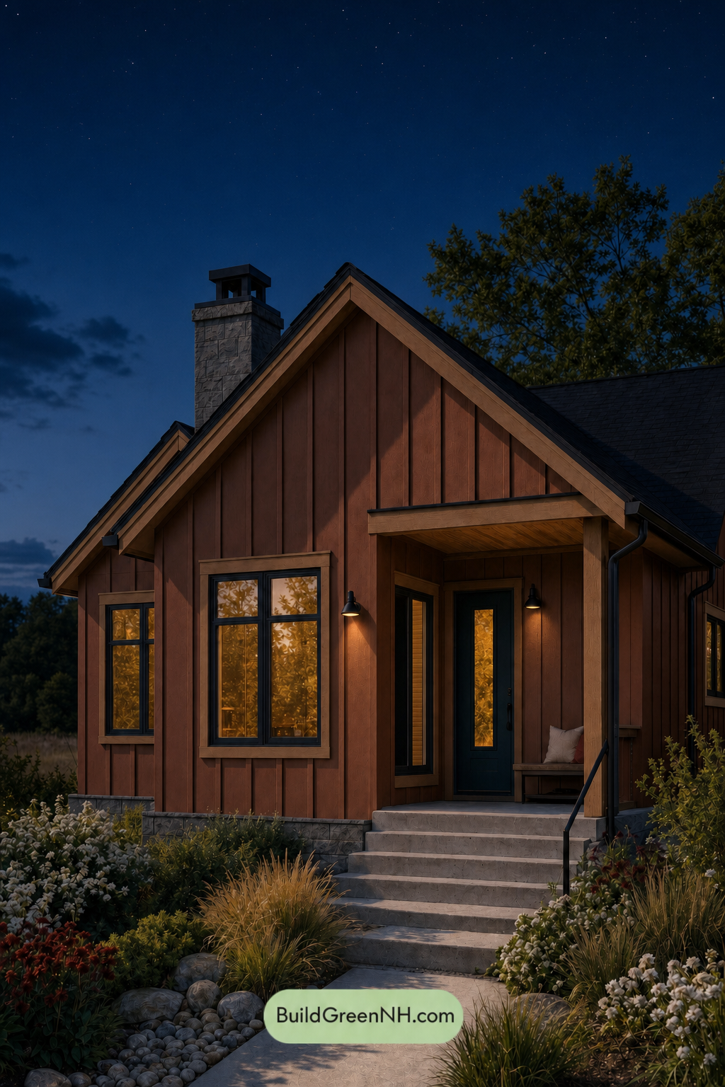 House with Black Roof Exterior Color Scheme: Vermilion Carbon Muse - Nighttime