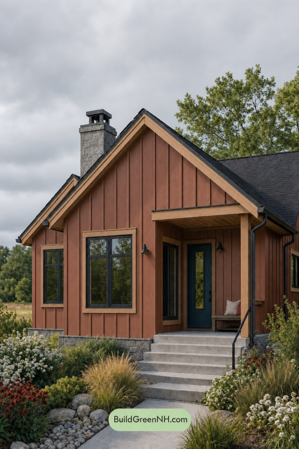 House with Black Roof Exterior Color Scheme: Vermilion Carbon Muse - Overcast