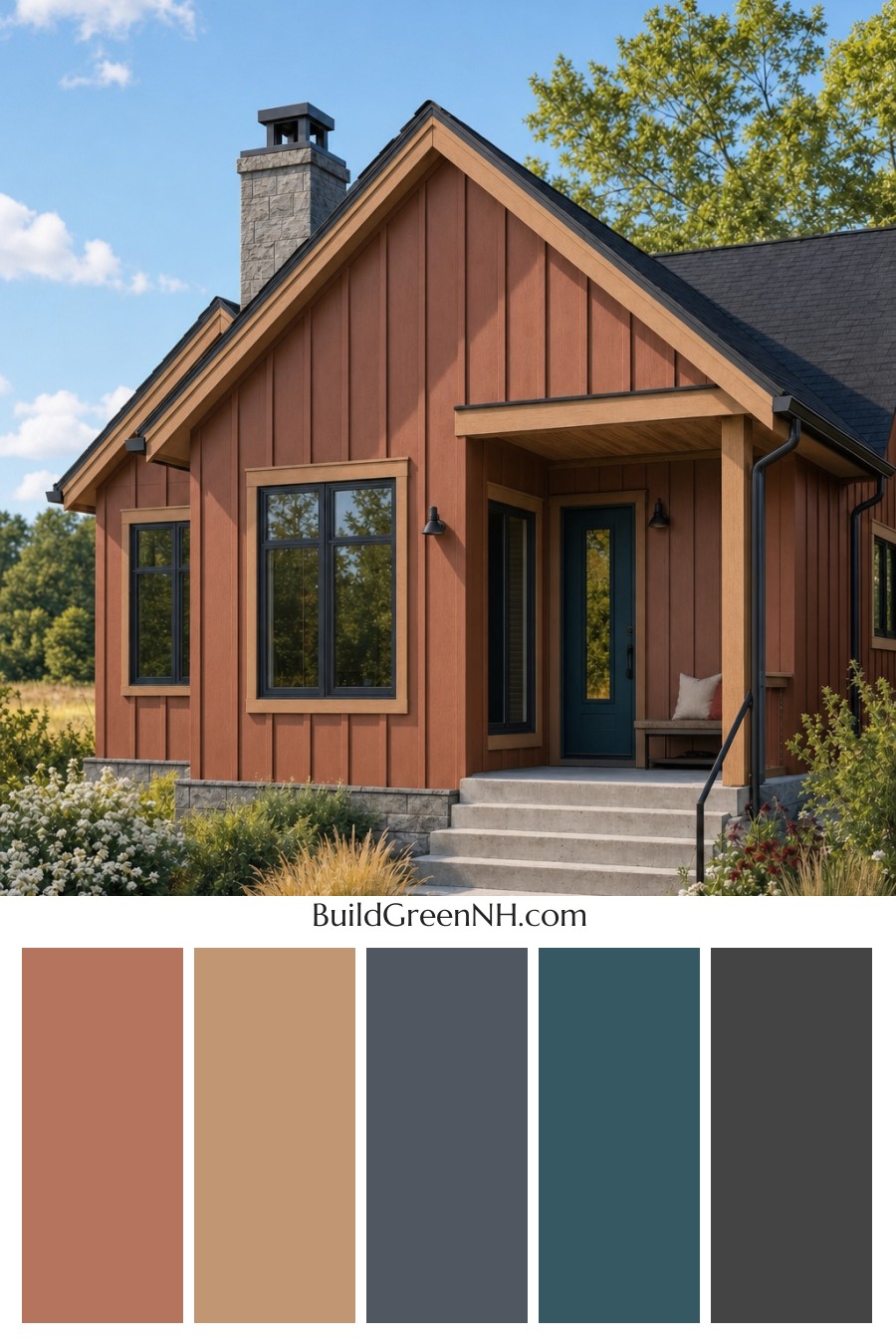 House with Black Roof Exterior Color Scheme: Vermilion Carbon Muse