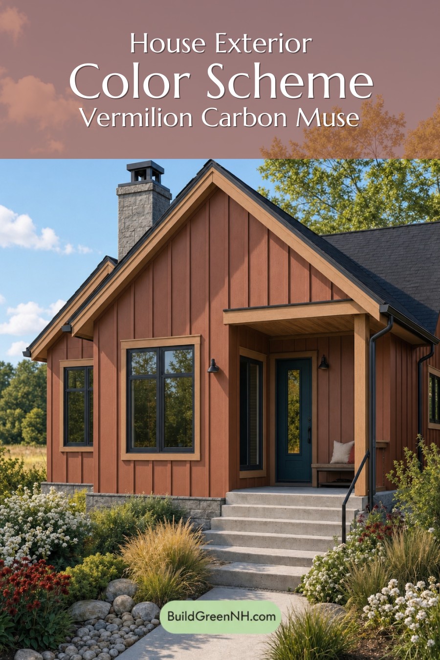House with Black Roof Exterior Color Scheme: Vermilion Carbon Muse