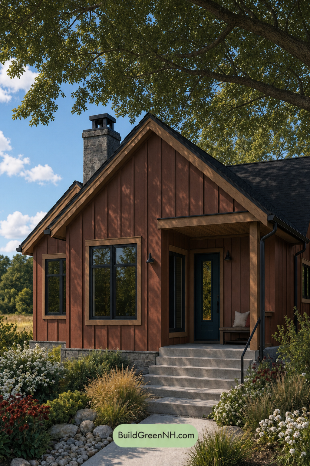 House with Black Roof Exterior Color Scheme: Vermilion Carbon Muse - Shade