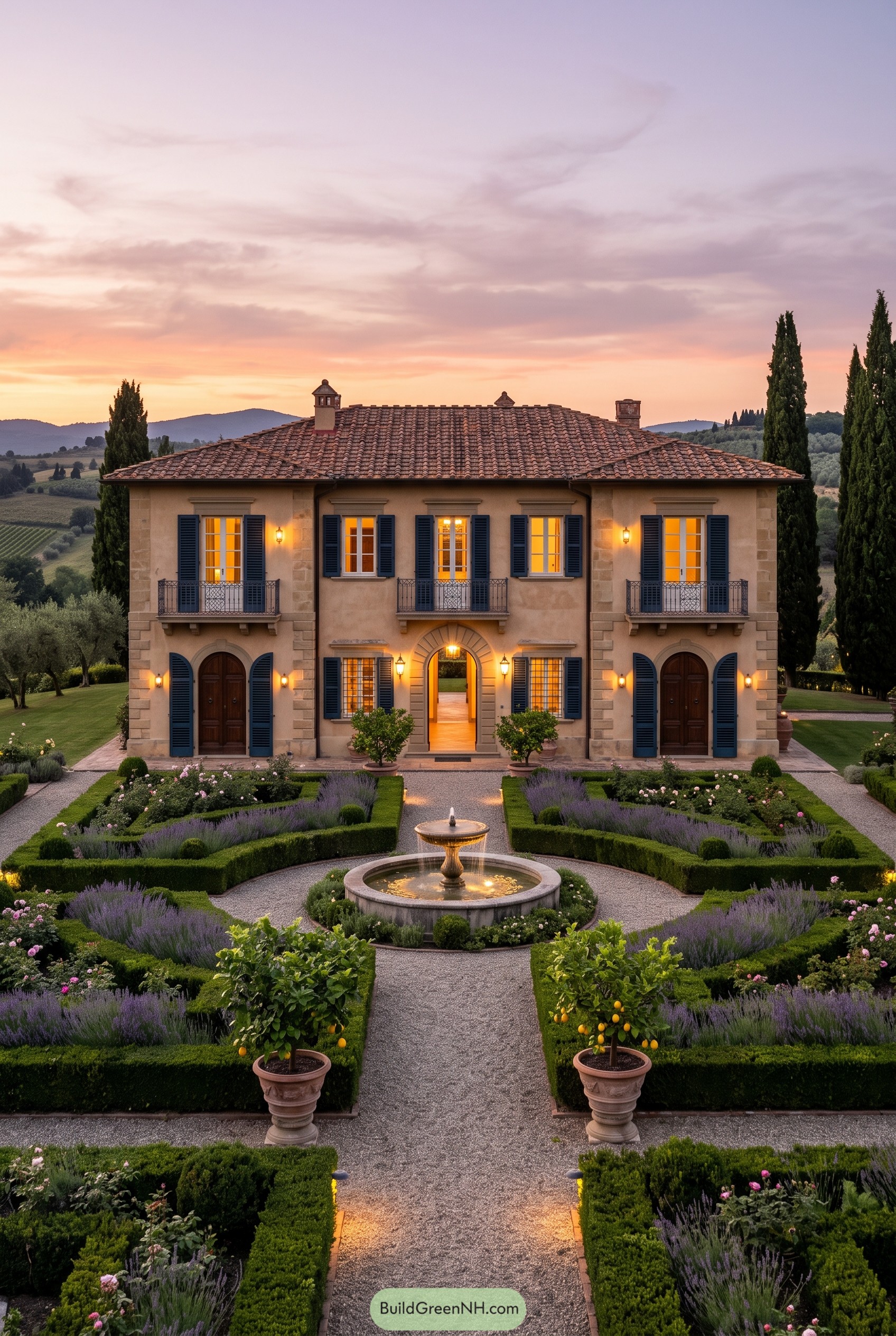 Tuscan villa with blue shutters and fountain garden