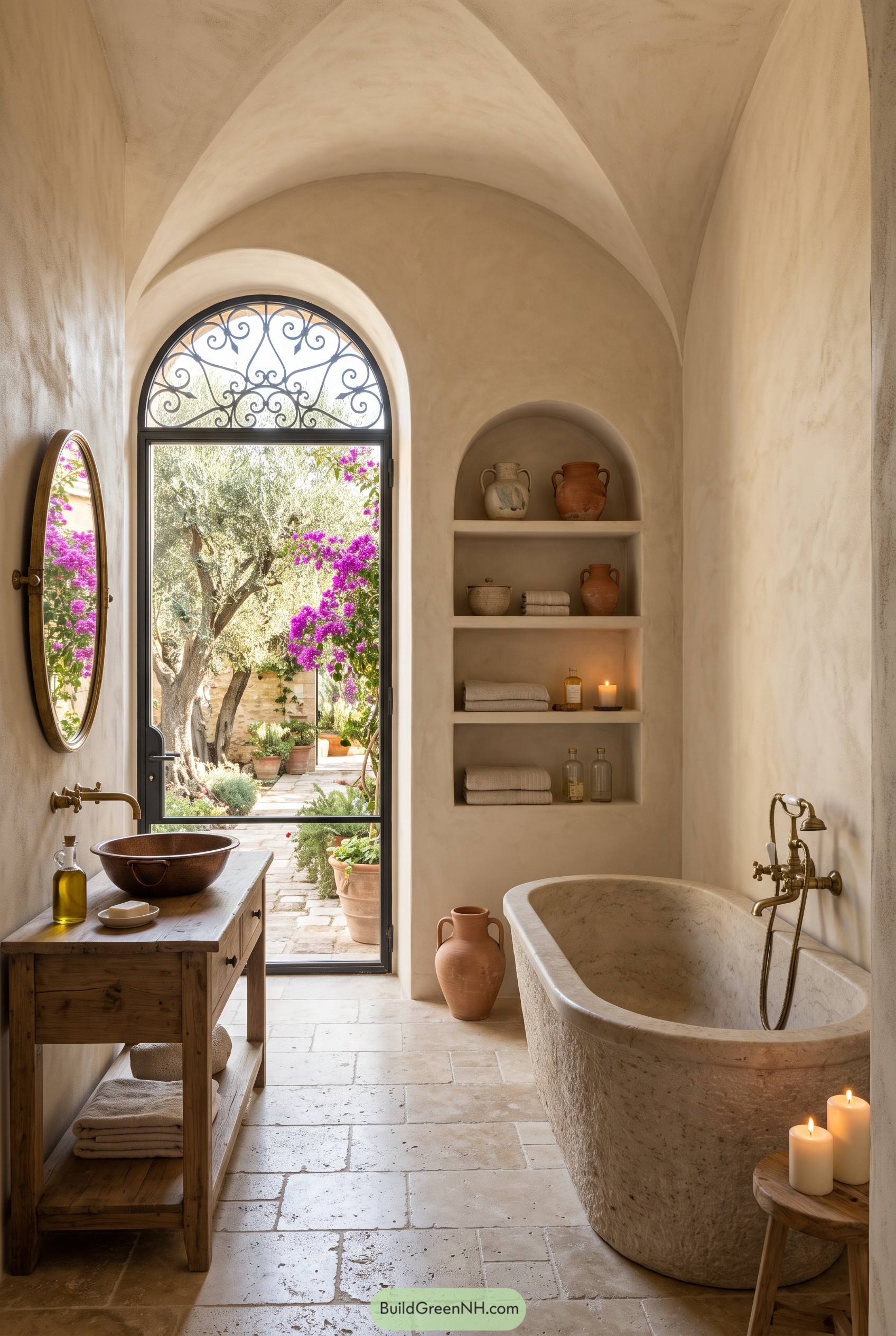 Vaulted Italian bathroom with stone tub and garden door