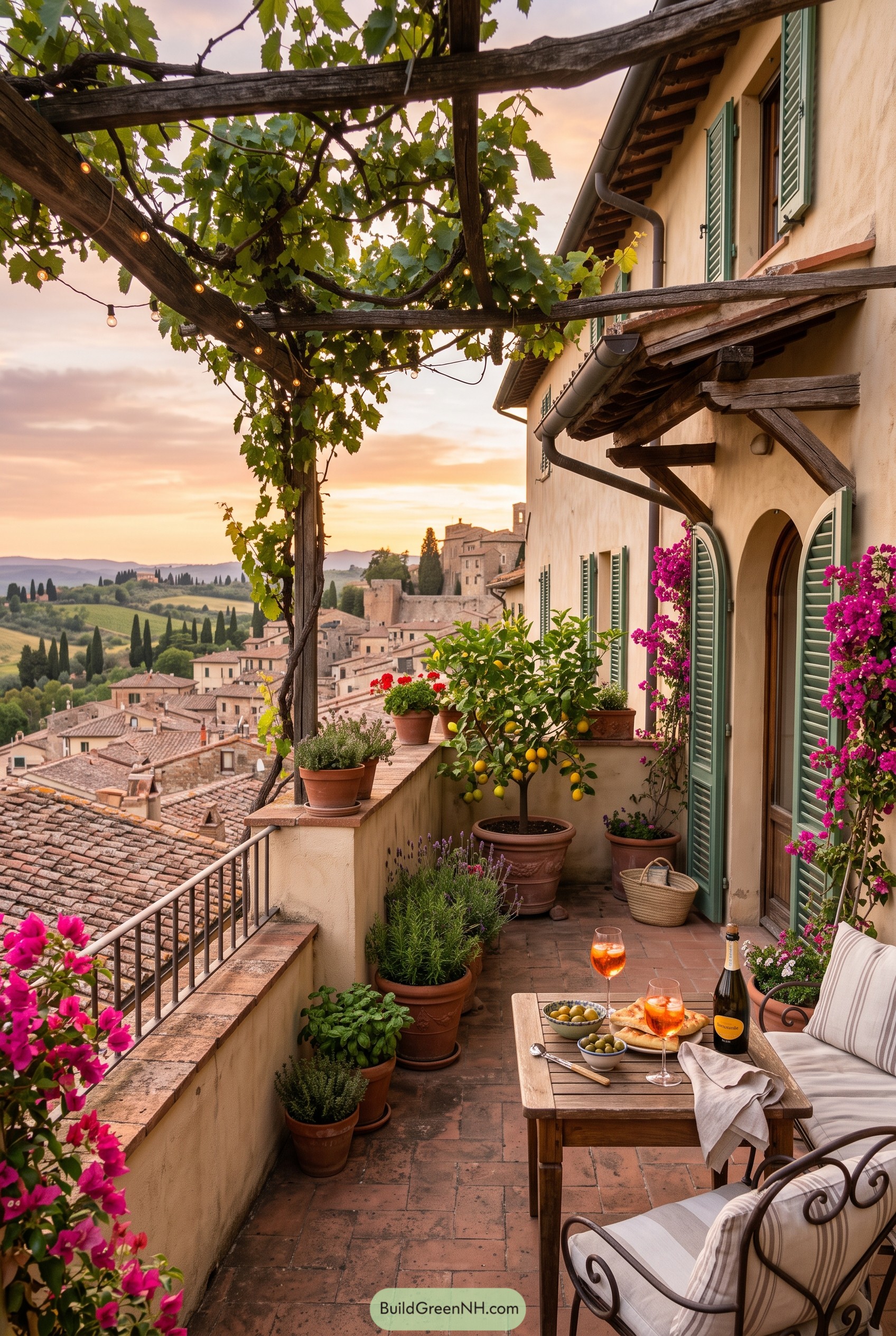 Tuscan balcony with vine pergola and potted plants