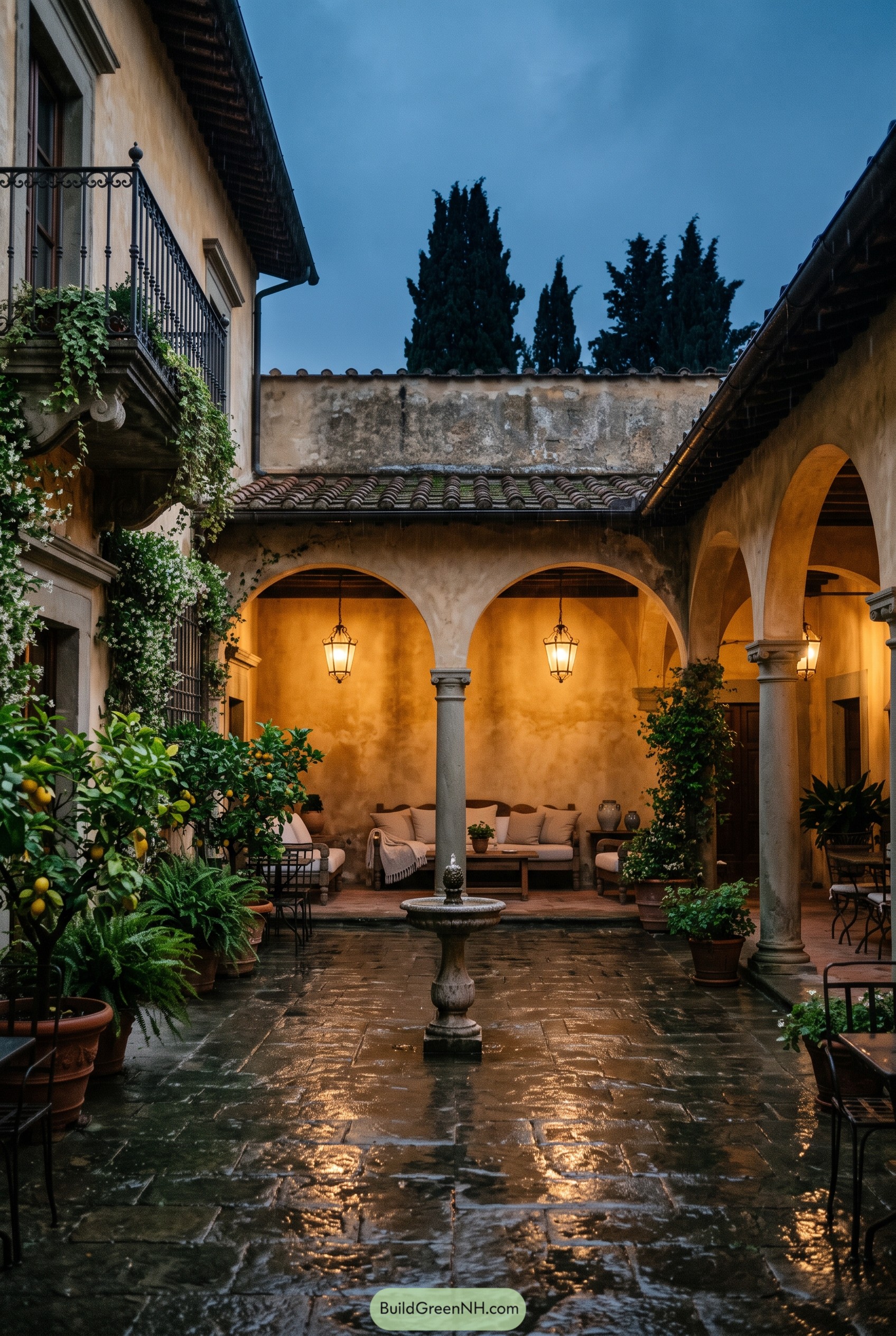 Rainy Italian courtyard with arches and fountain