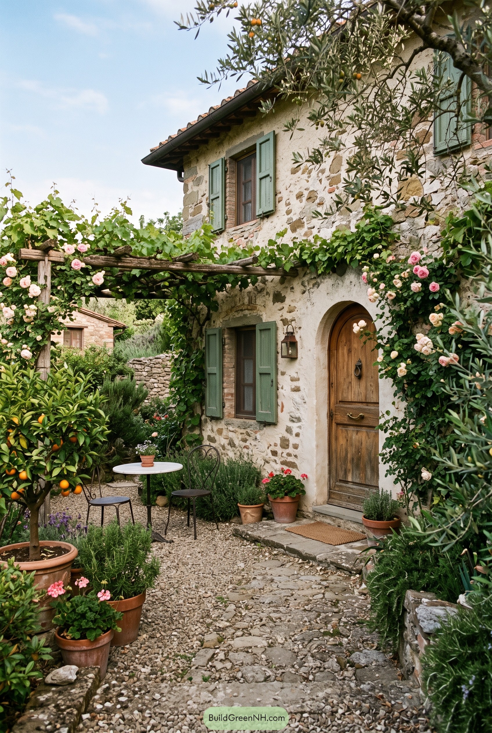 Stone Italian cottage with green shutters and garden pergola
