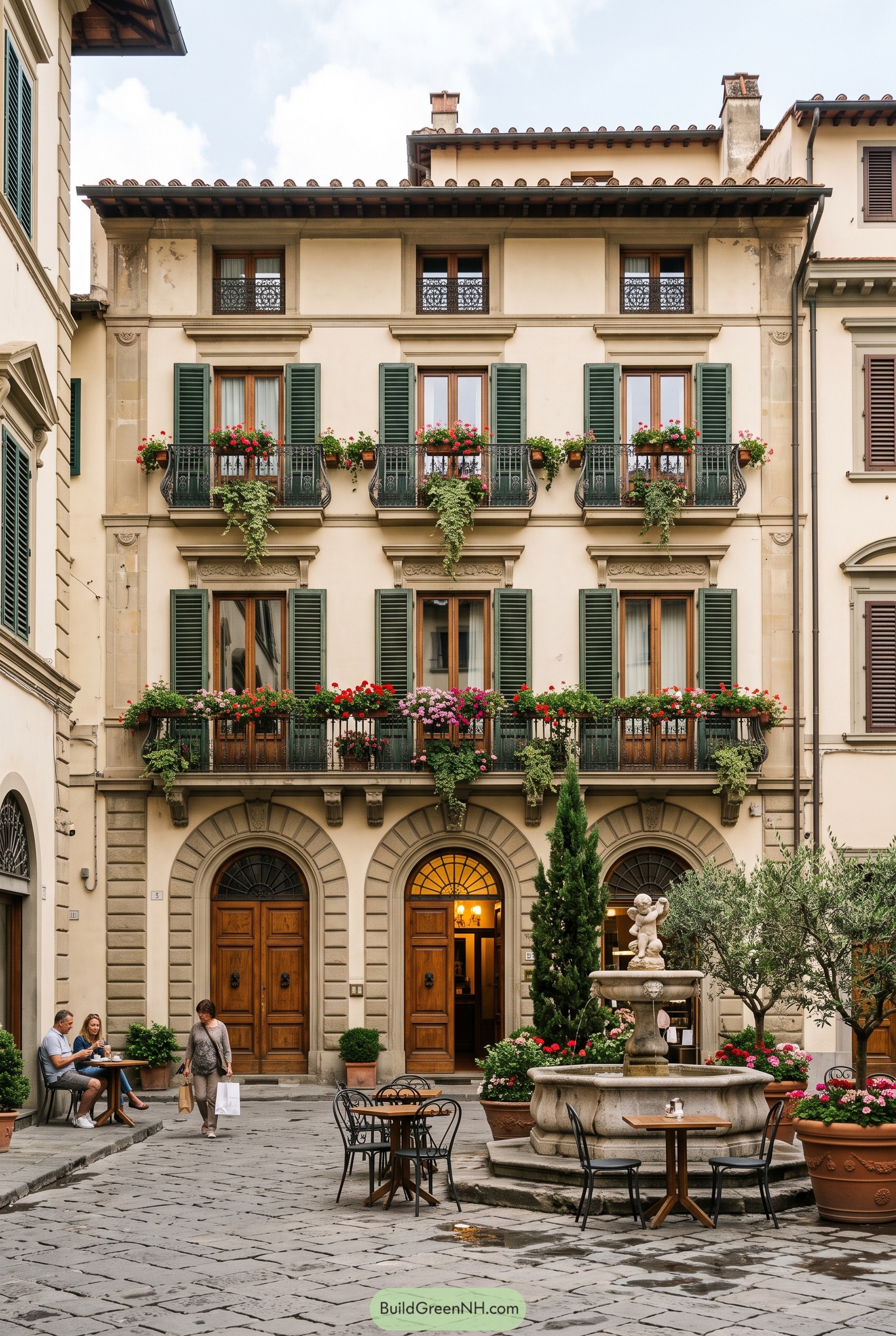 Italian palazzo with flowered balconies and fountain