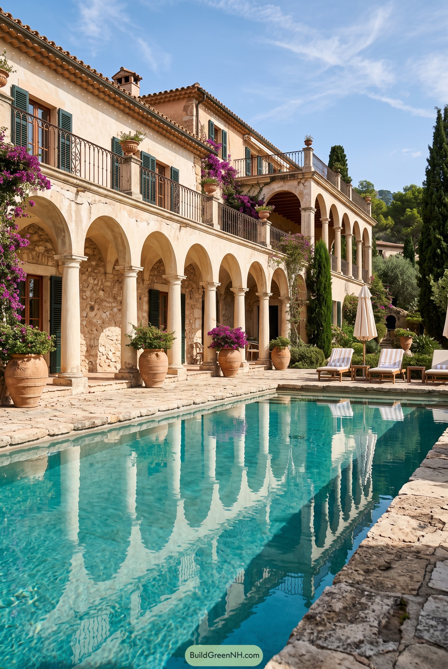 Italian villa with arched loggia and pool