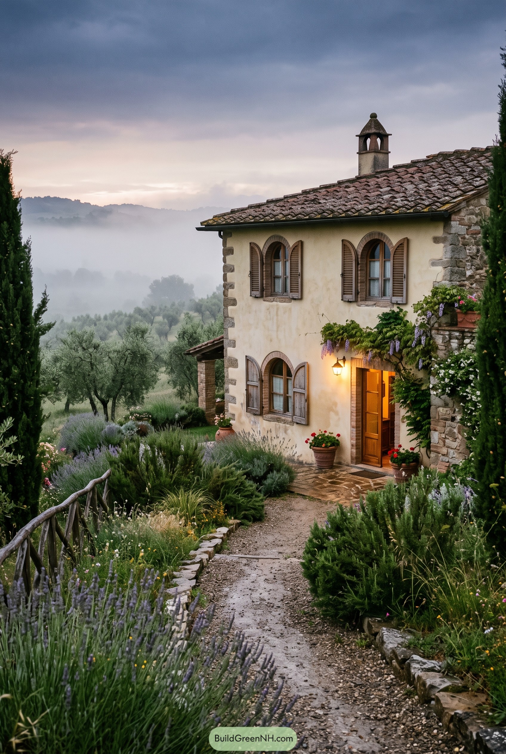 Tuscan casa with shutters in a misty garden