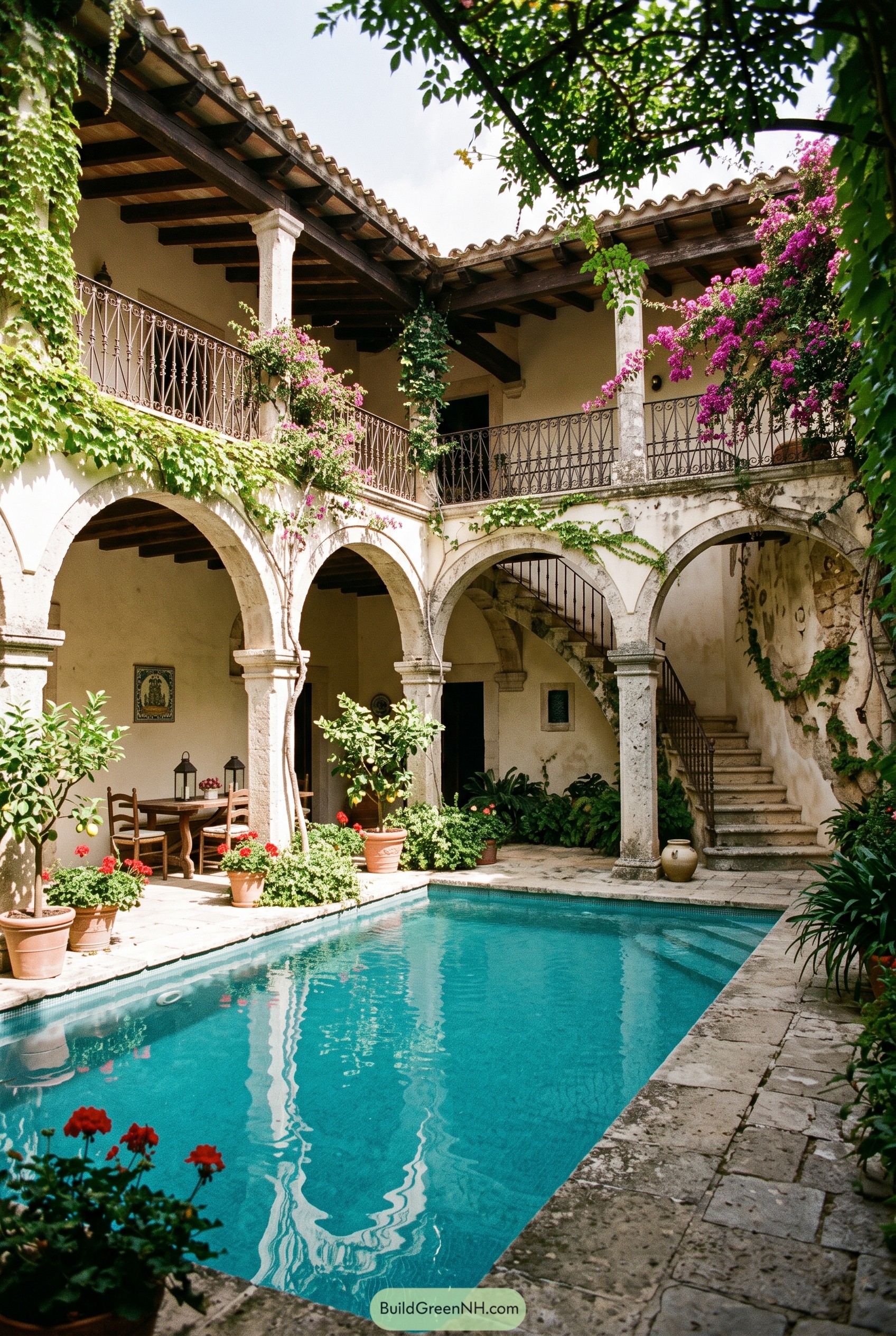 Italian courtyard pool with arches and bougainvillea