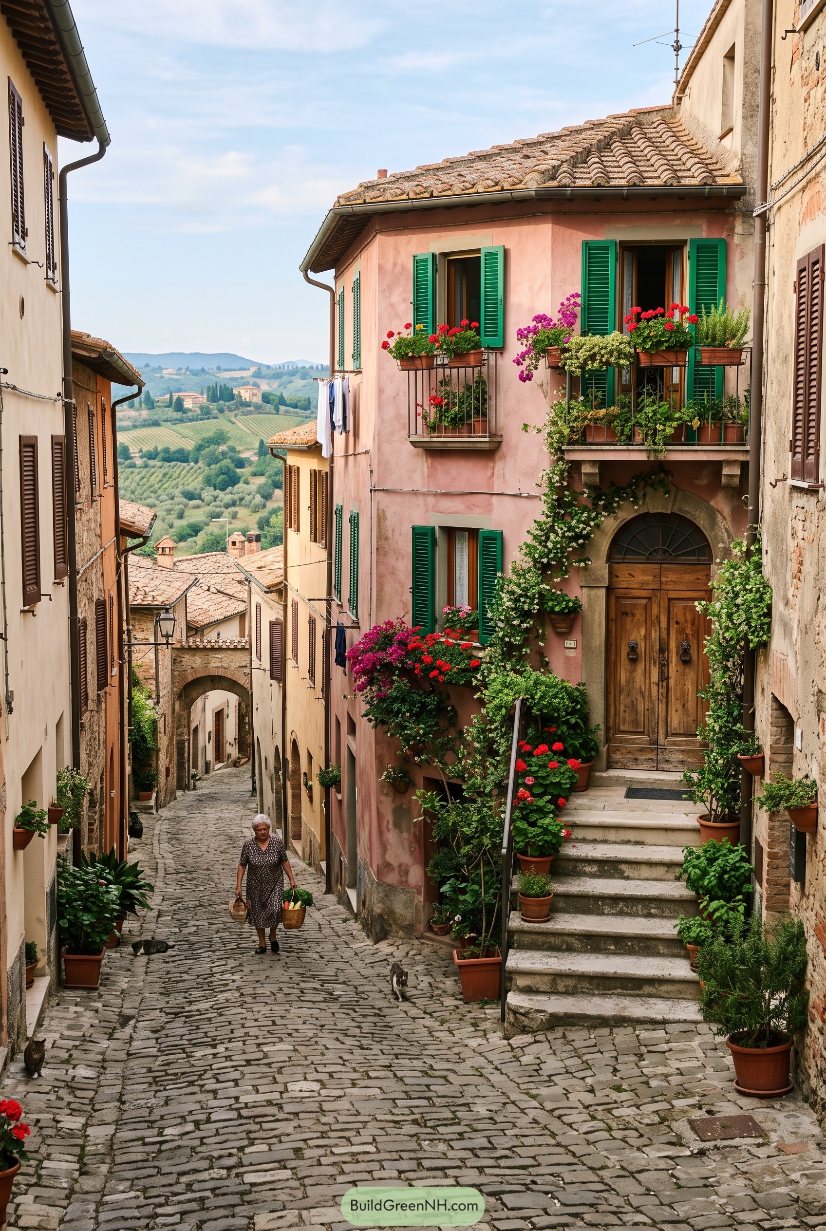 Pink Italian townhouse with green shutters and flowers