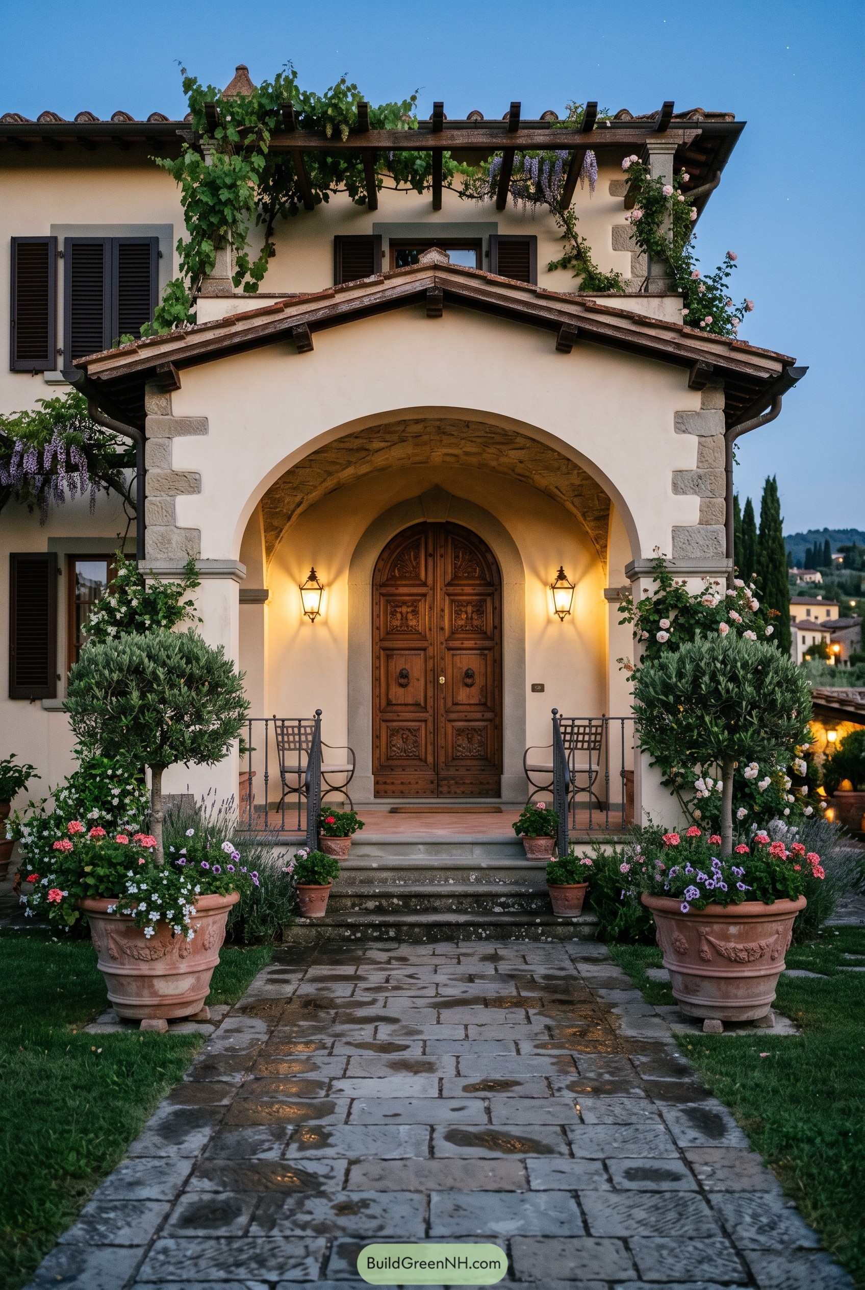 Italian villa entry with arched portico and vines