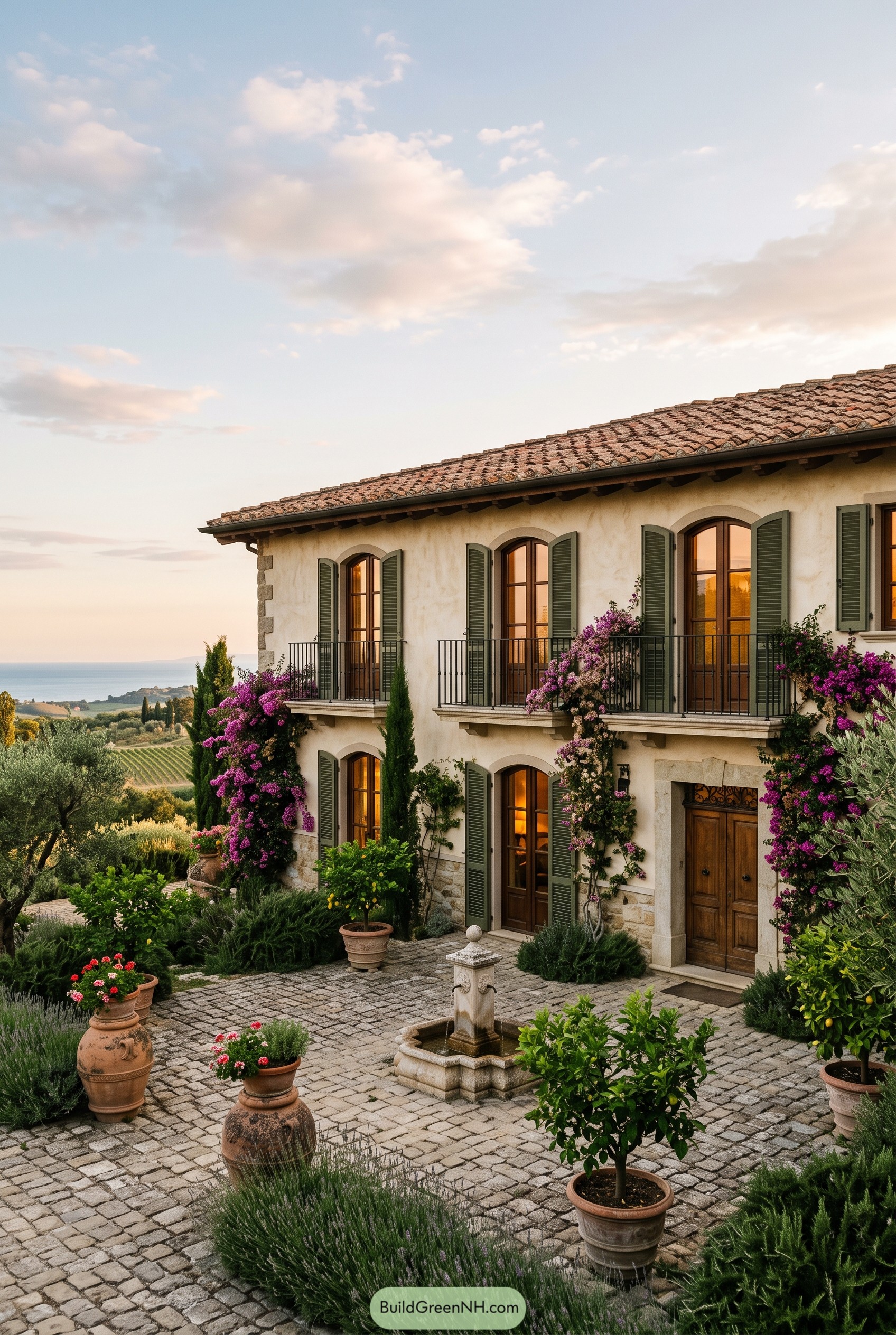 Tuscan villa with shutters balconies and courtyard fountain