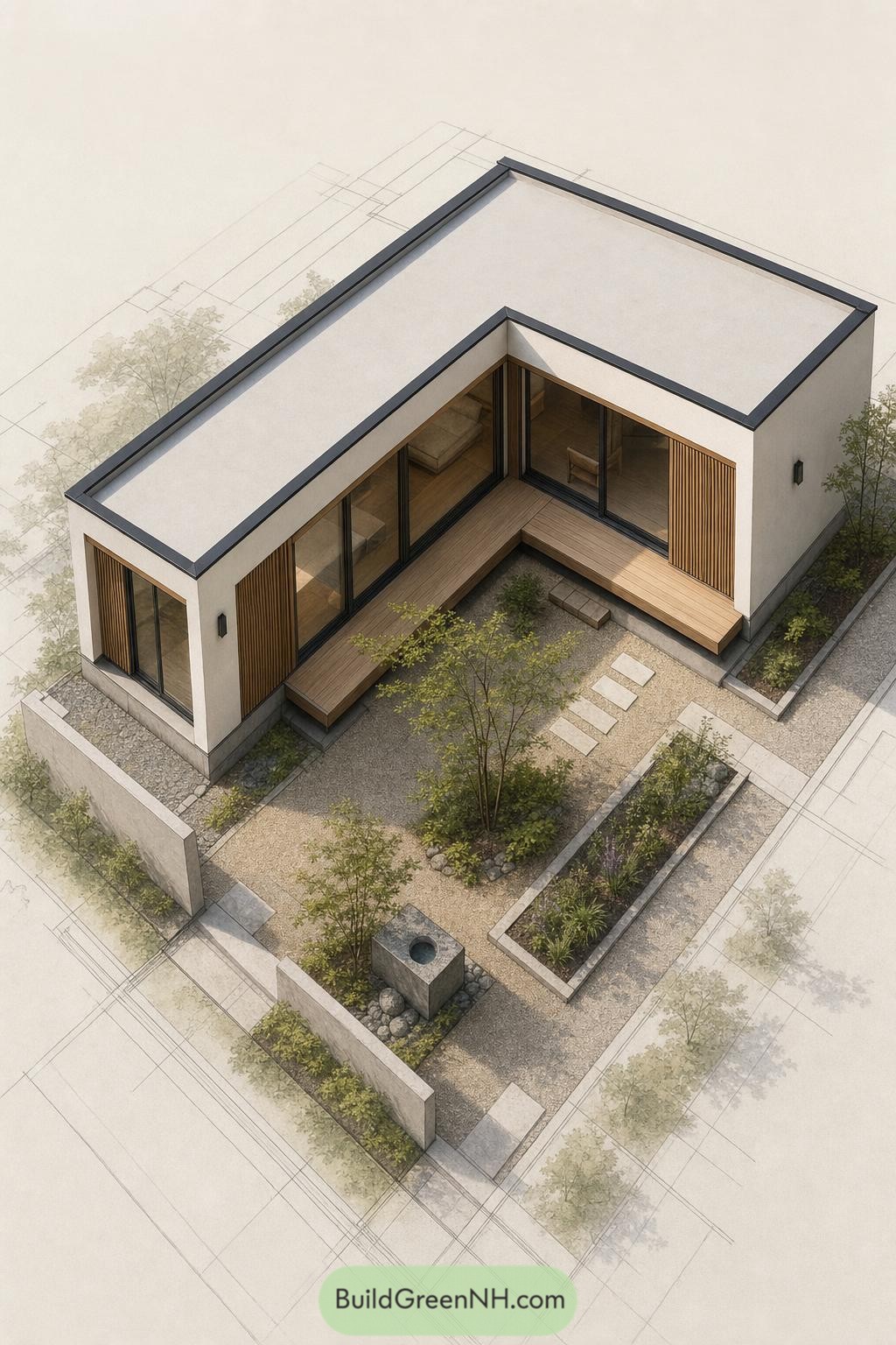 L shaped tiny home with a timber deck and planted courtyard
