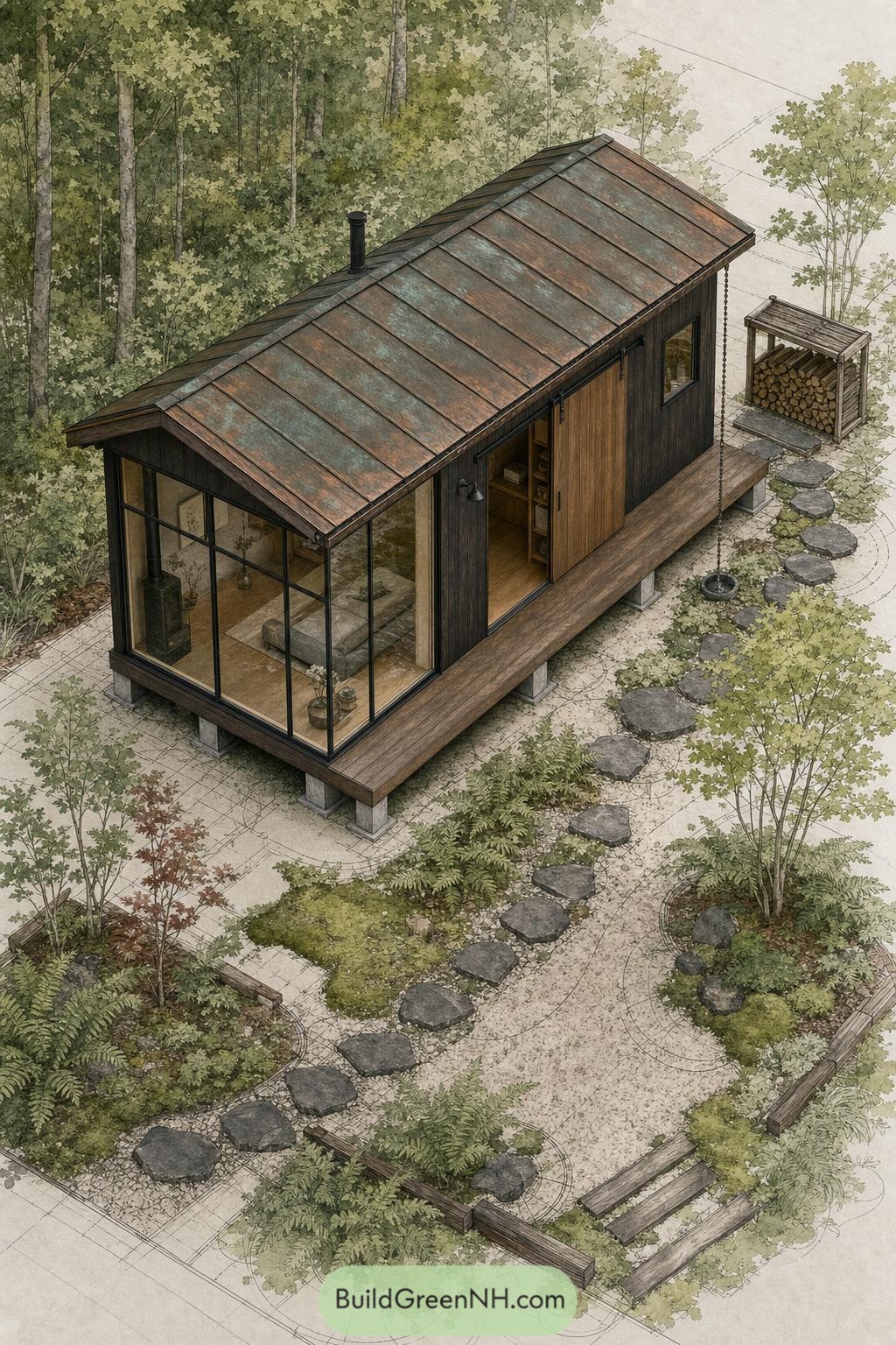 Compact timber cabin with a weathered metal roof and glass end wall