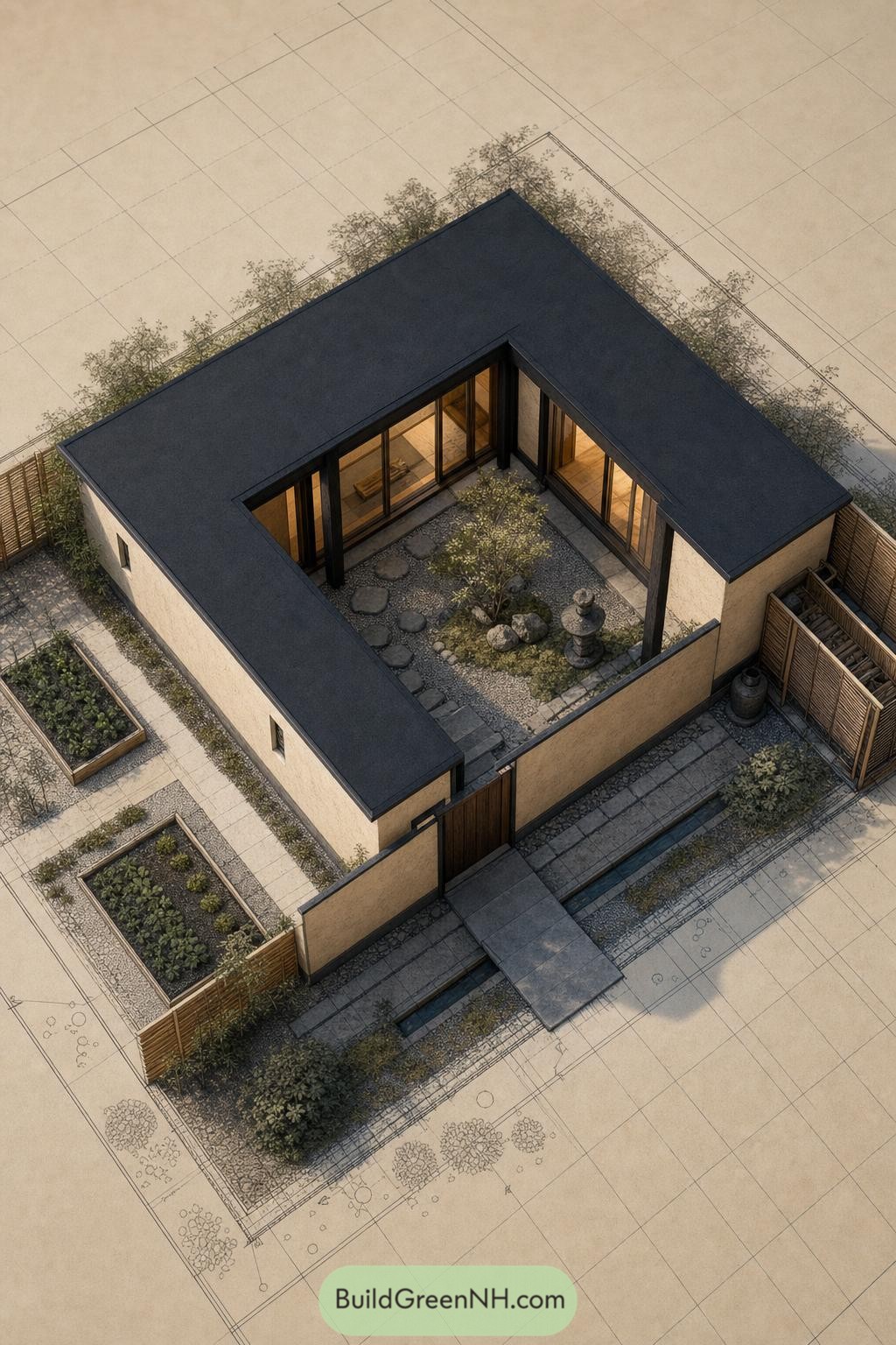 A compact Japanese home wrapped around a gravel courtyard garden