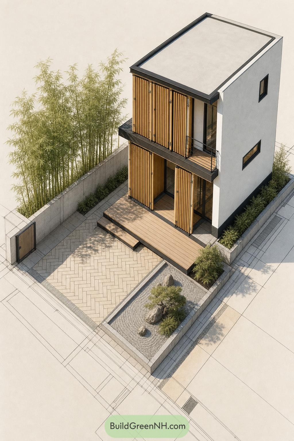 Two-story tiny house with bamboo screens and a gravel garden