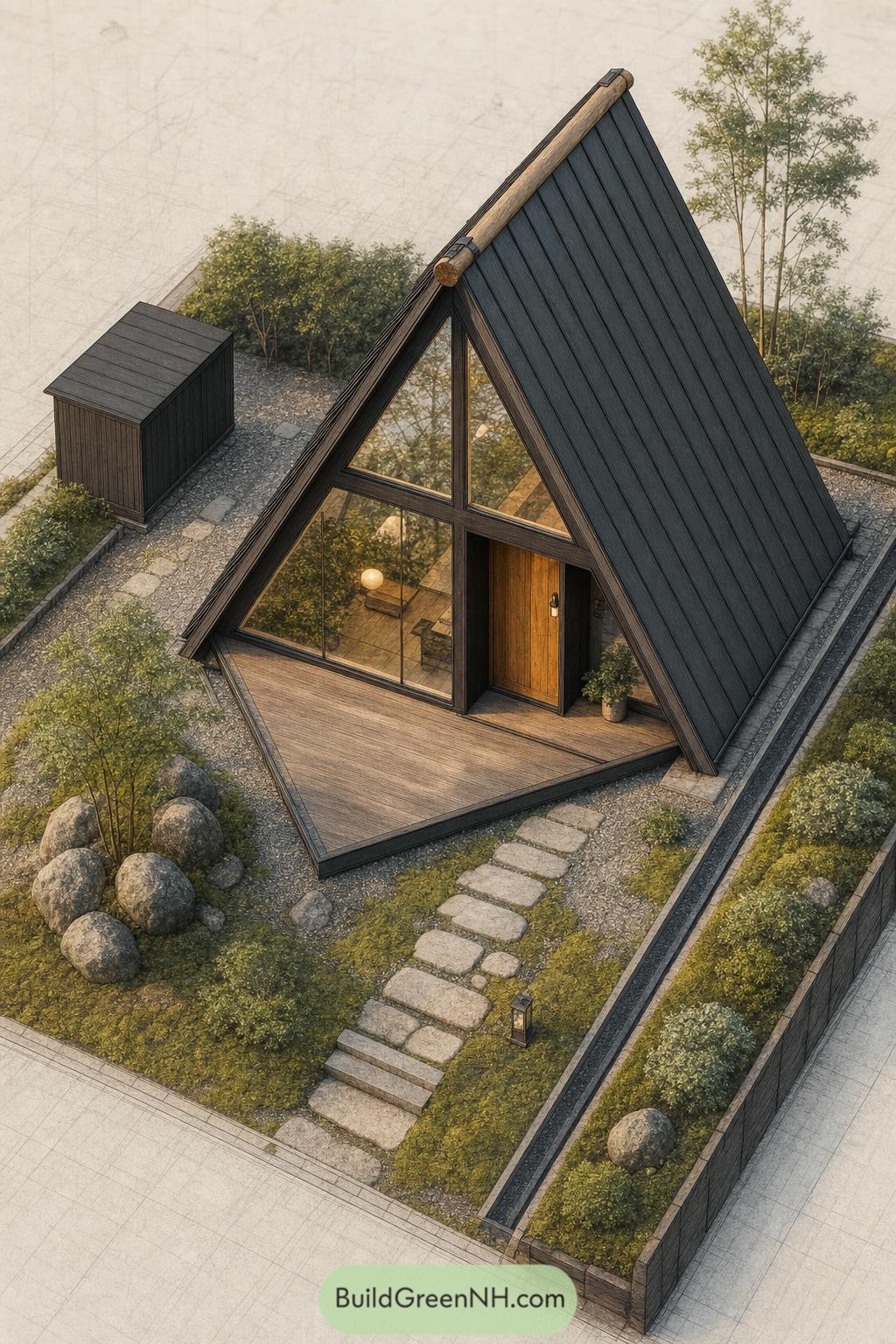 Dark timber A-frame tiny house with glazed facade and mossy stone garden