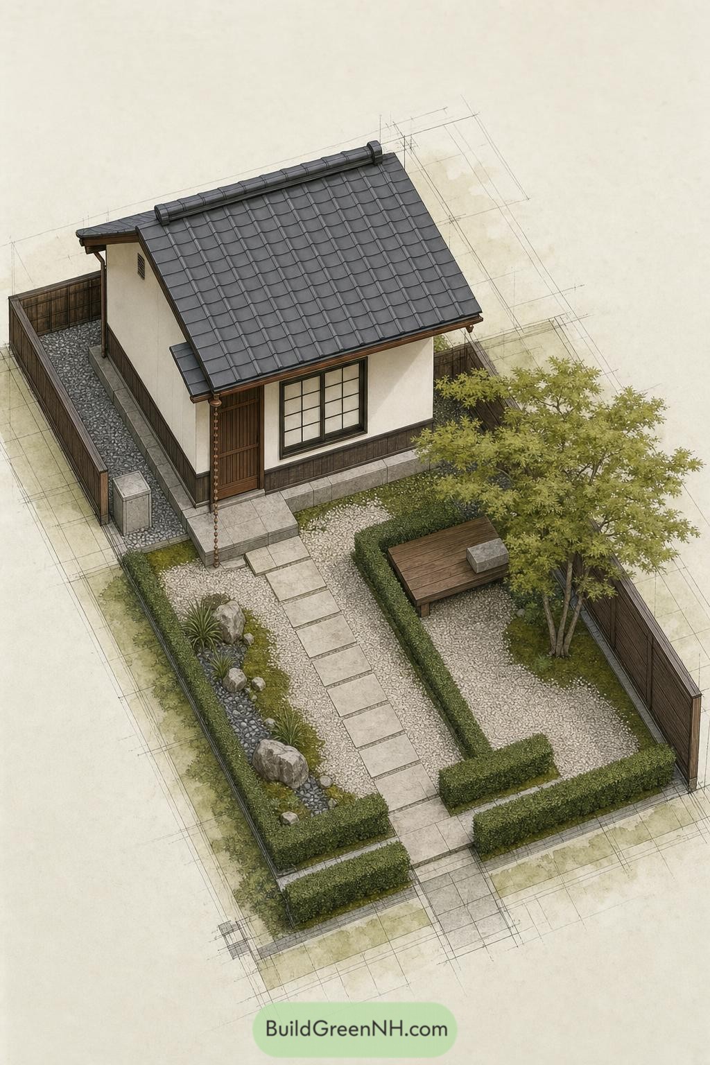 Compact Japanese home with tiled roof and gravel garden