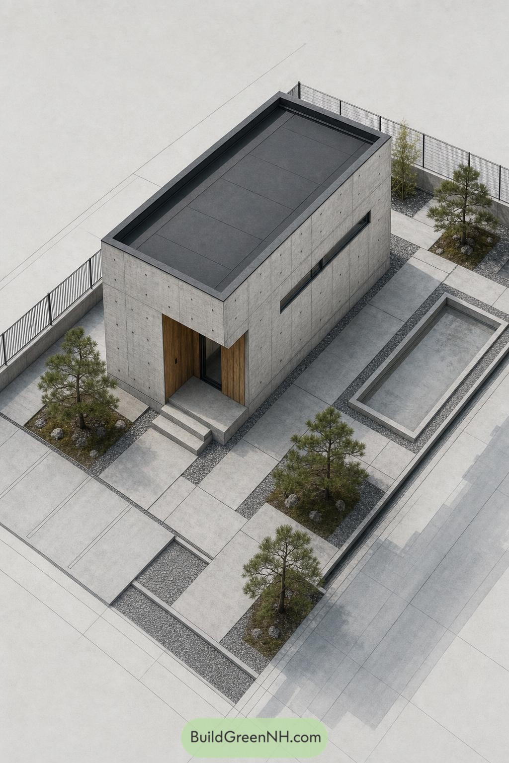 Concrete tiny house with pine garden and sunken court