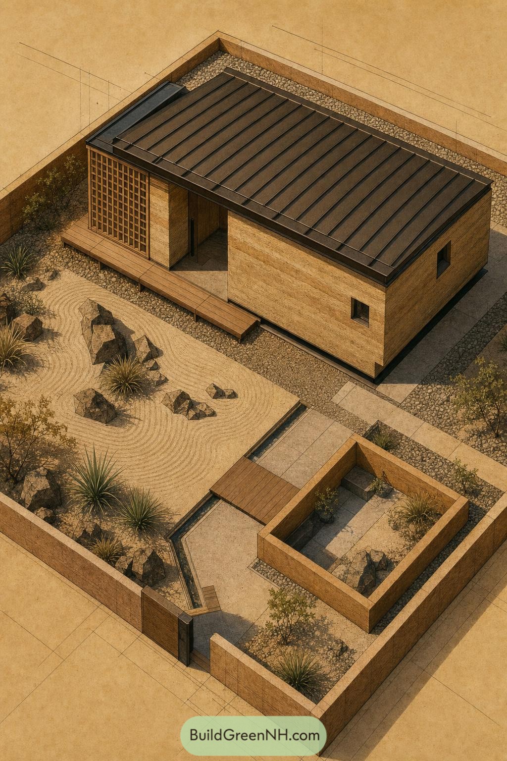 Compact timber house beside a raked stone garden and enclosed entry court