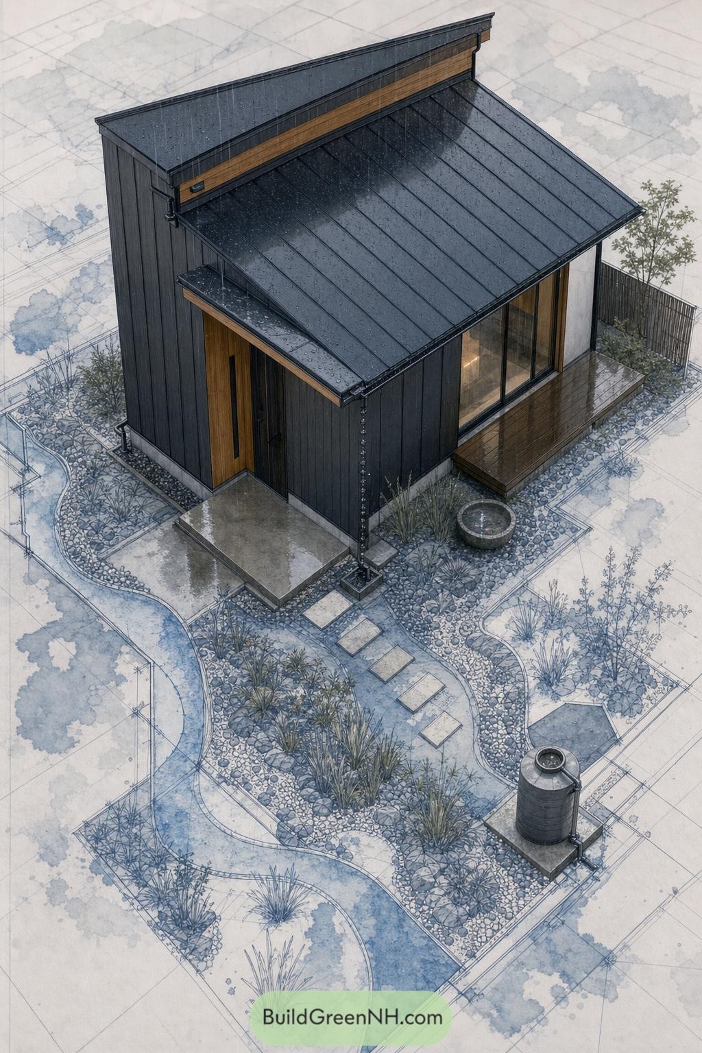 Compact black timber house with a sloped metal roof and rainwater tank