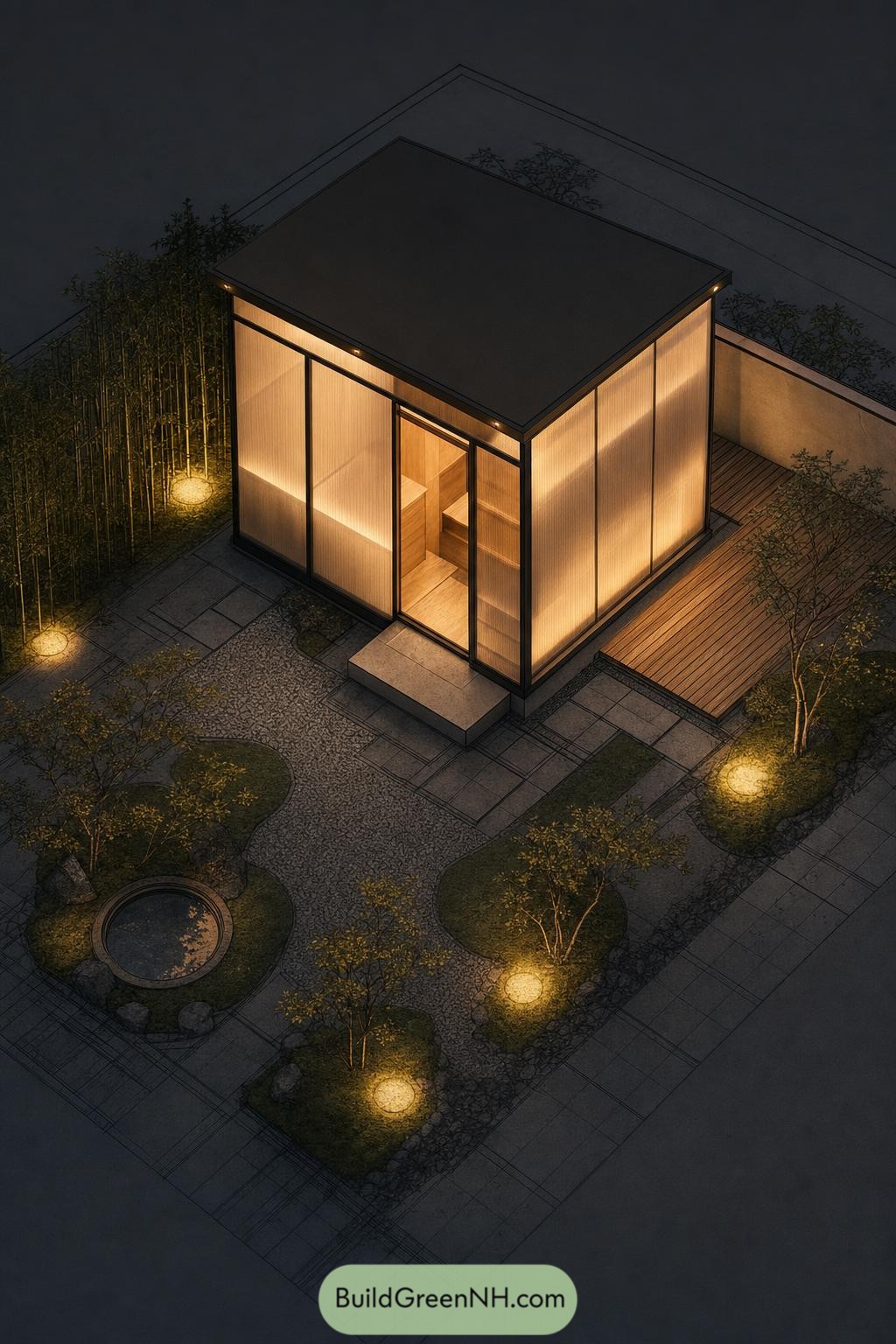 Compact Japanese tiny house with glowing screens beside a bamboo garden