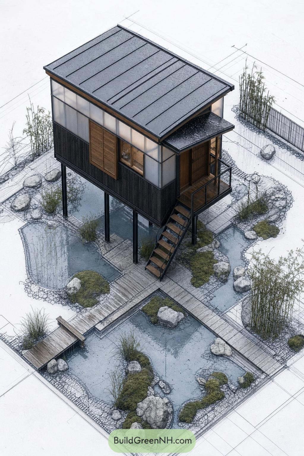 Elevated tiny house with shoji walls above a mossy water garden