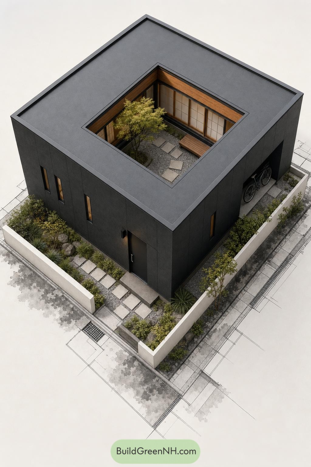 Compact black home with a central open-air courtyard
