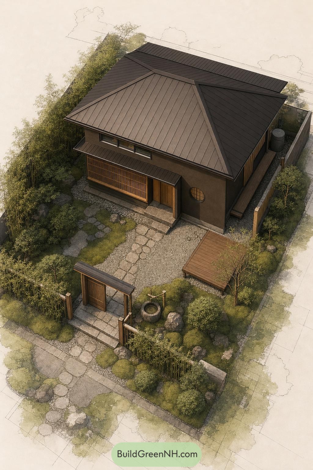 Compact dark timber home with a steep roof and mossy garden