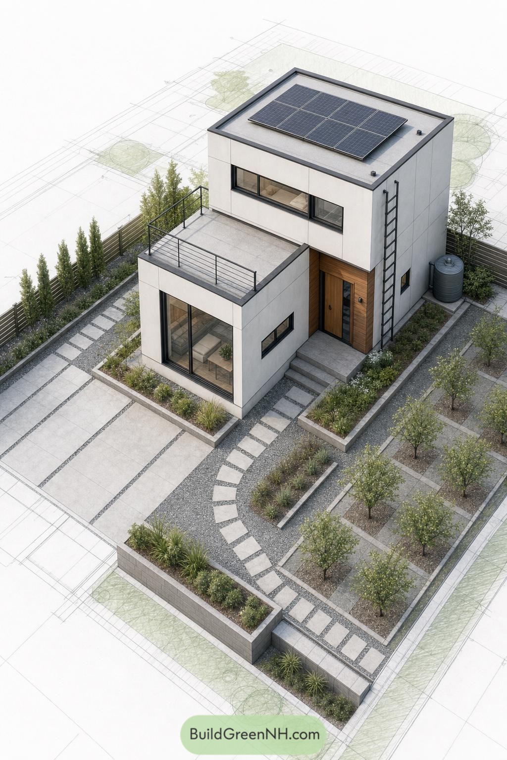 Compact white cube house with solar roof and terrace