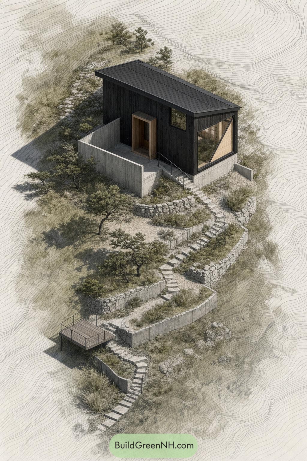 Compact black timber cabin above winding stone terraces on a wooded slope