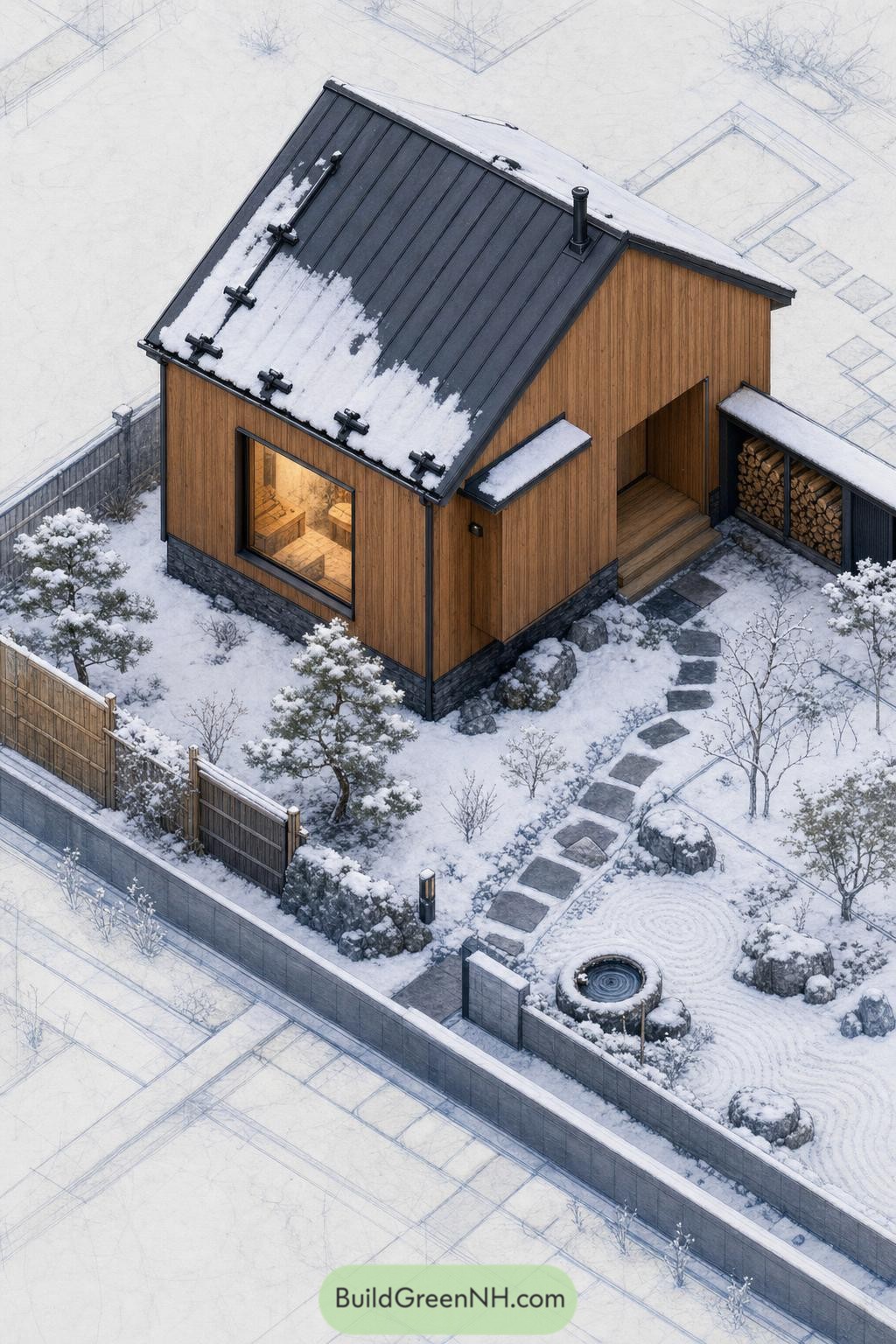 Compact timber home with snowy zen garden and wood store