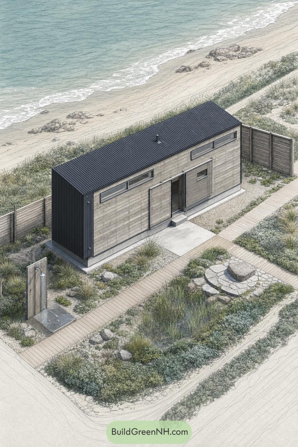 Compact timber microhouse beside a sandy Japanese shoreline