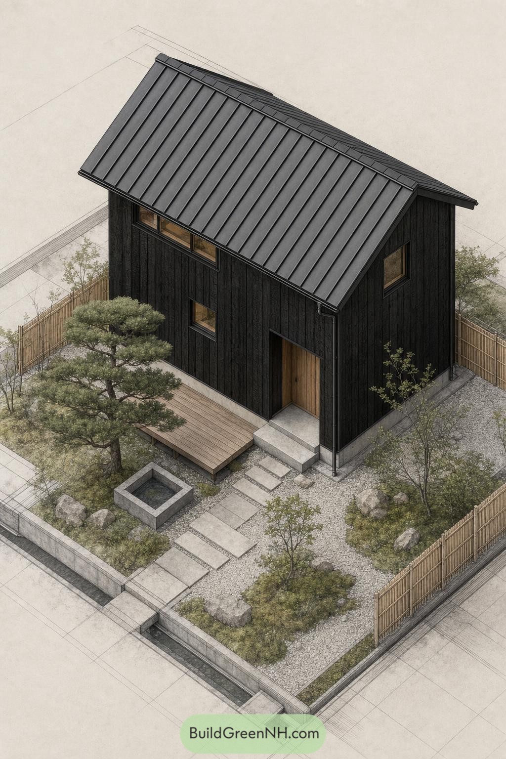 Black timber tiny house with a gabled metal roof and gravel garden