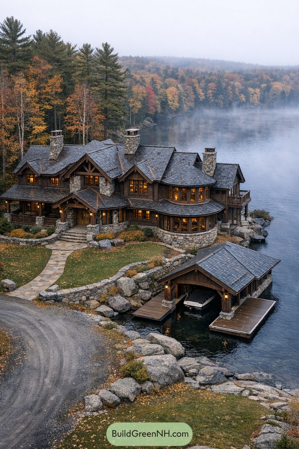 Rustic stone and timber lakeside mansion with boathouse